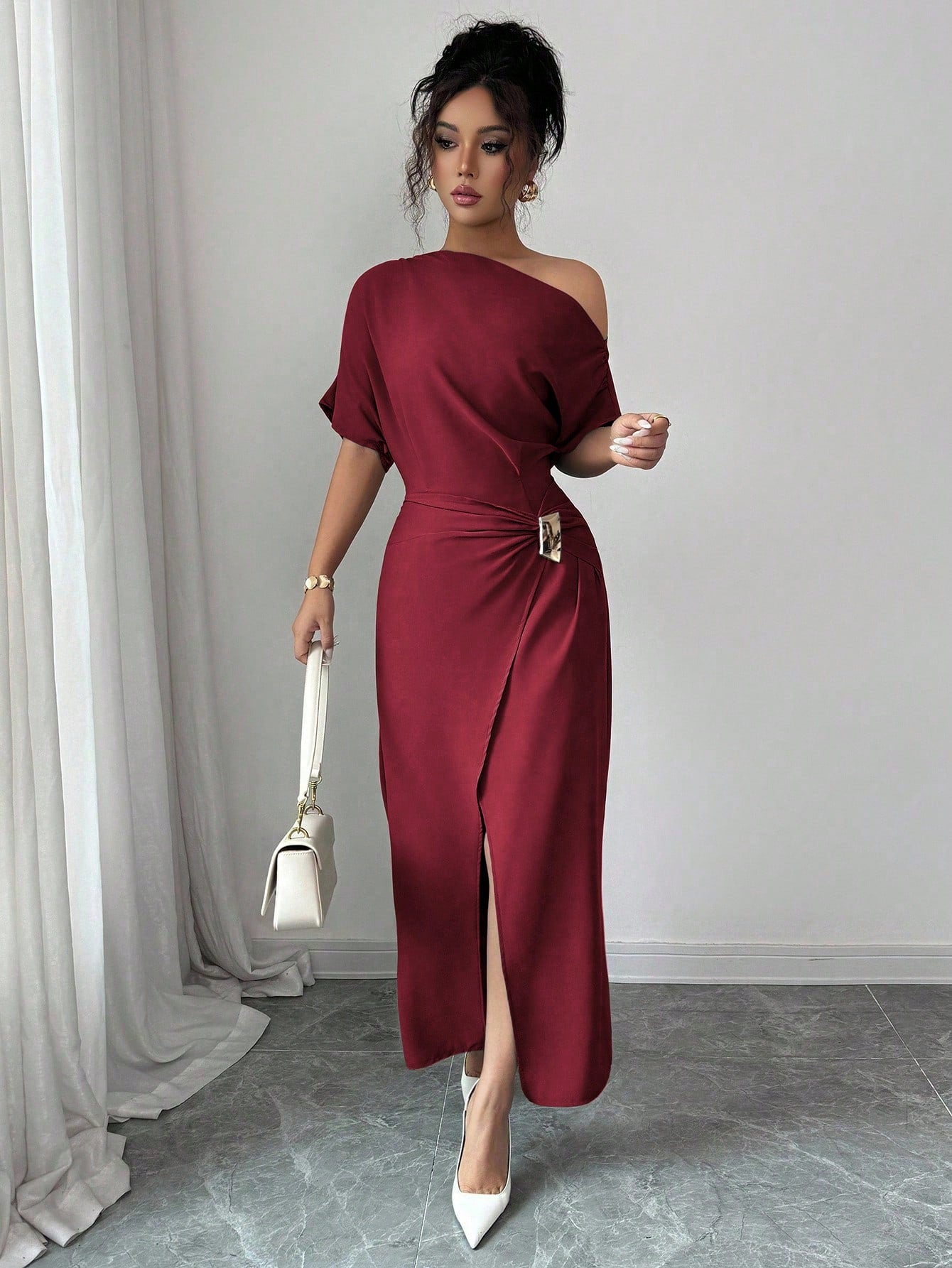 Spring Summer off the Shoulder Dress Women Solid Color Split Elegant Slim Fit Sheath Dress by Ragazza