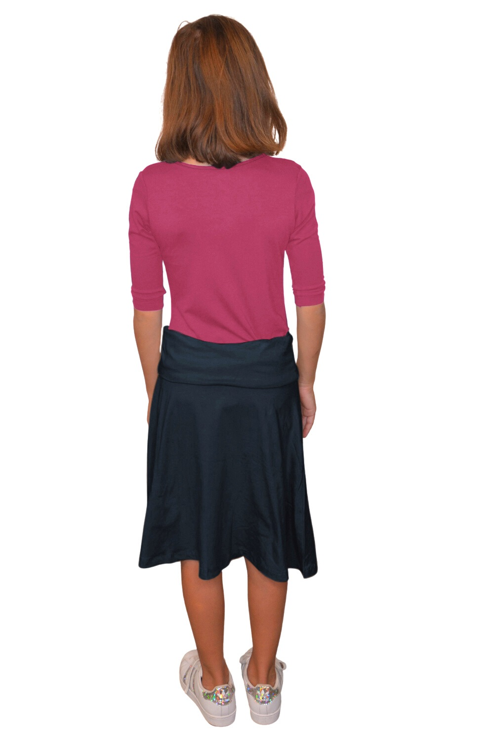 Girls Midi Skater Skirt with Fold-Over Waistband in Cotton Spandex by Kosher Casual USA