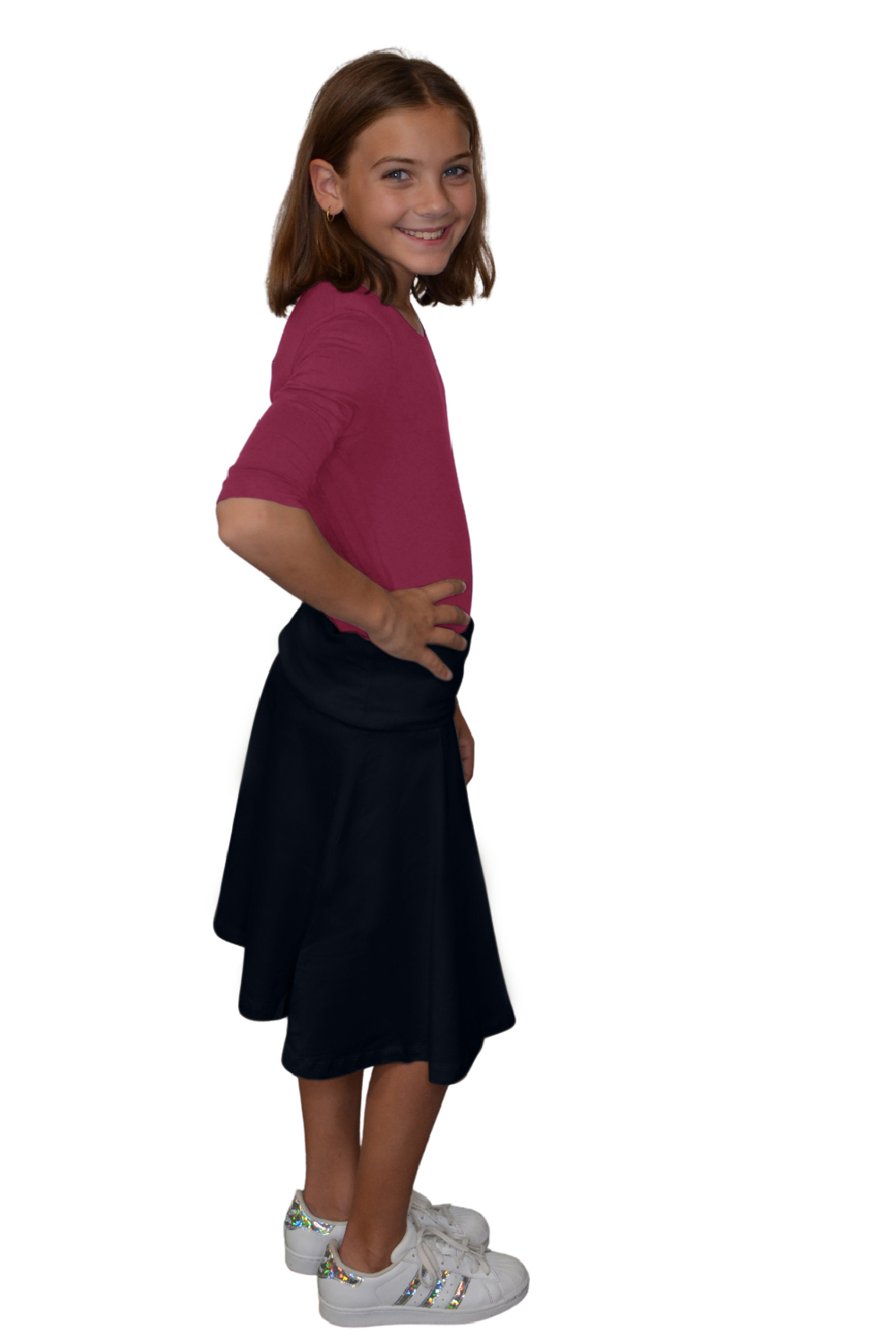 Girls Midi Skater Skirt with Fold-Over Waistband in Cotton Spandex by Kosher Casual USA