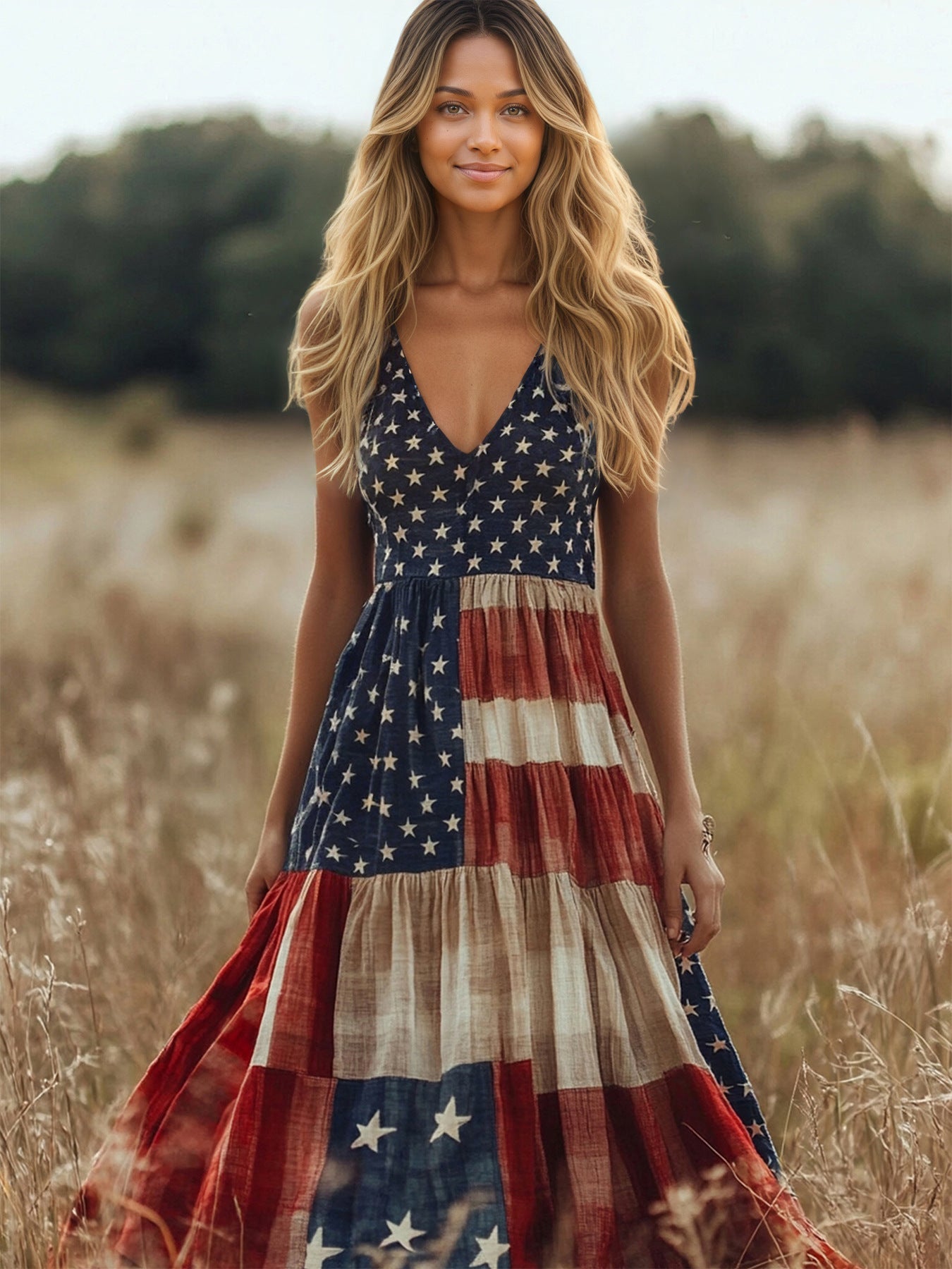 Retro Flag Printed V neck Sling Independence Day Vacation Tiered Dress DestGlow