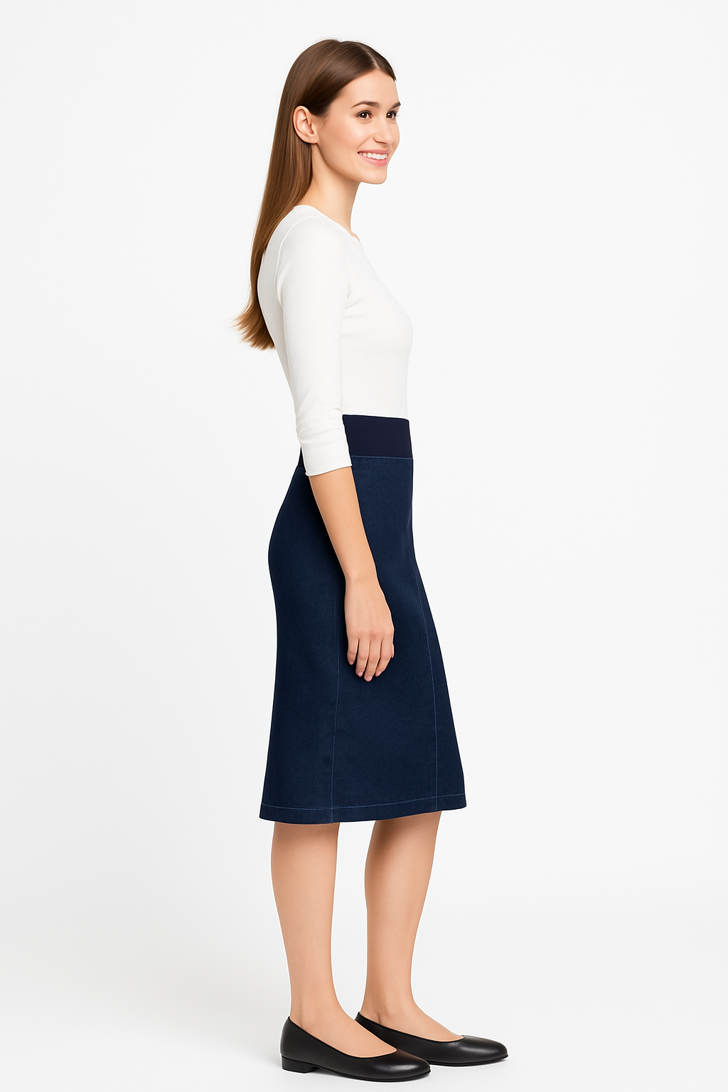 Denim Skirt with Stretch Waistband – Below Knee Length by Kosher Casual USA