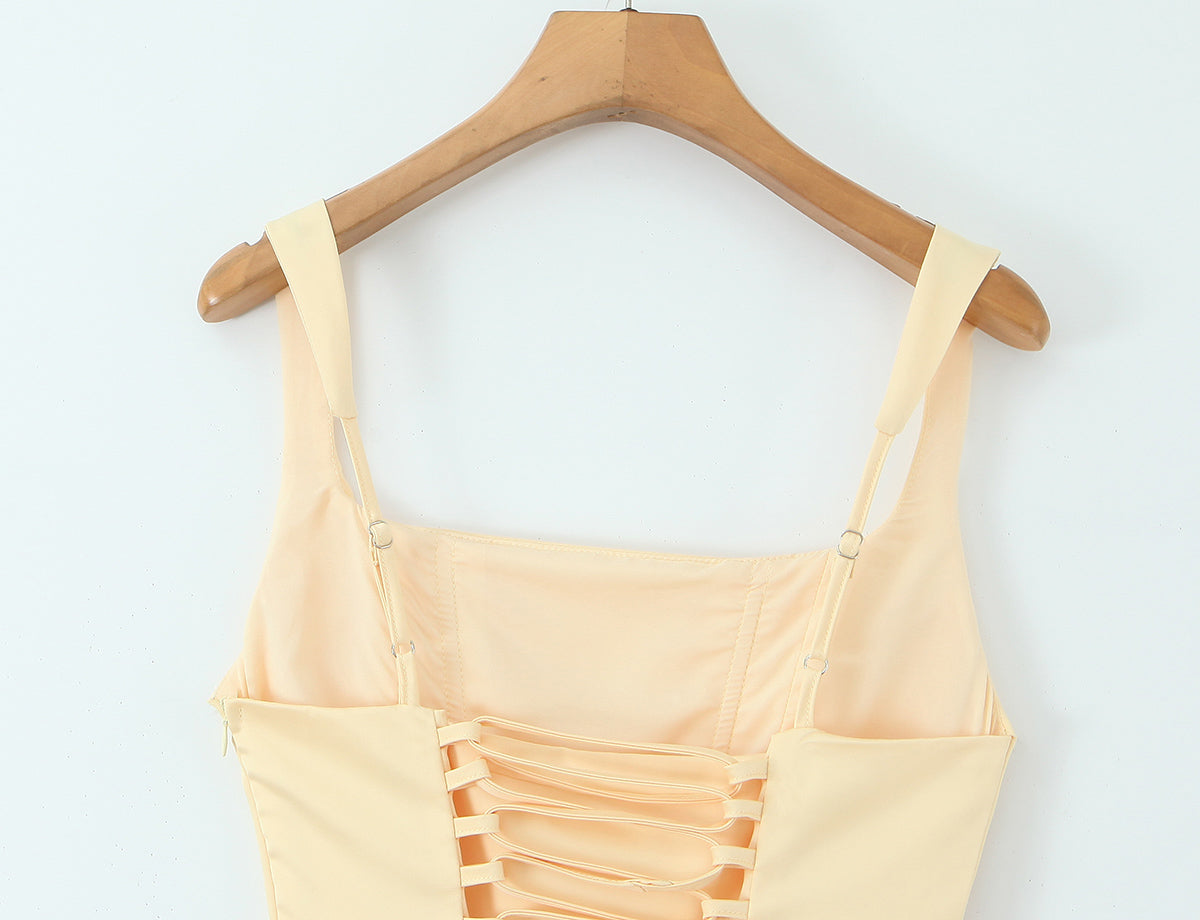 French Socialite Cocktail Boning Corset Fishtail Dress Lace up Waist Controlled Cami Dress DestGlow