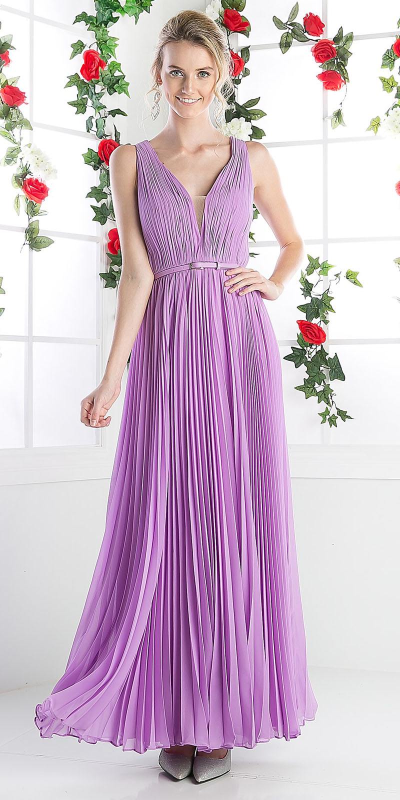 Cinderella Divine 1499 Long Chiffon Pleated Sleeveless Dress With Belt by DiscountDressShop