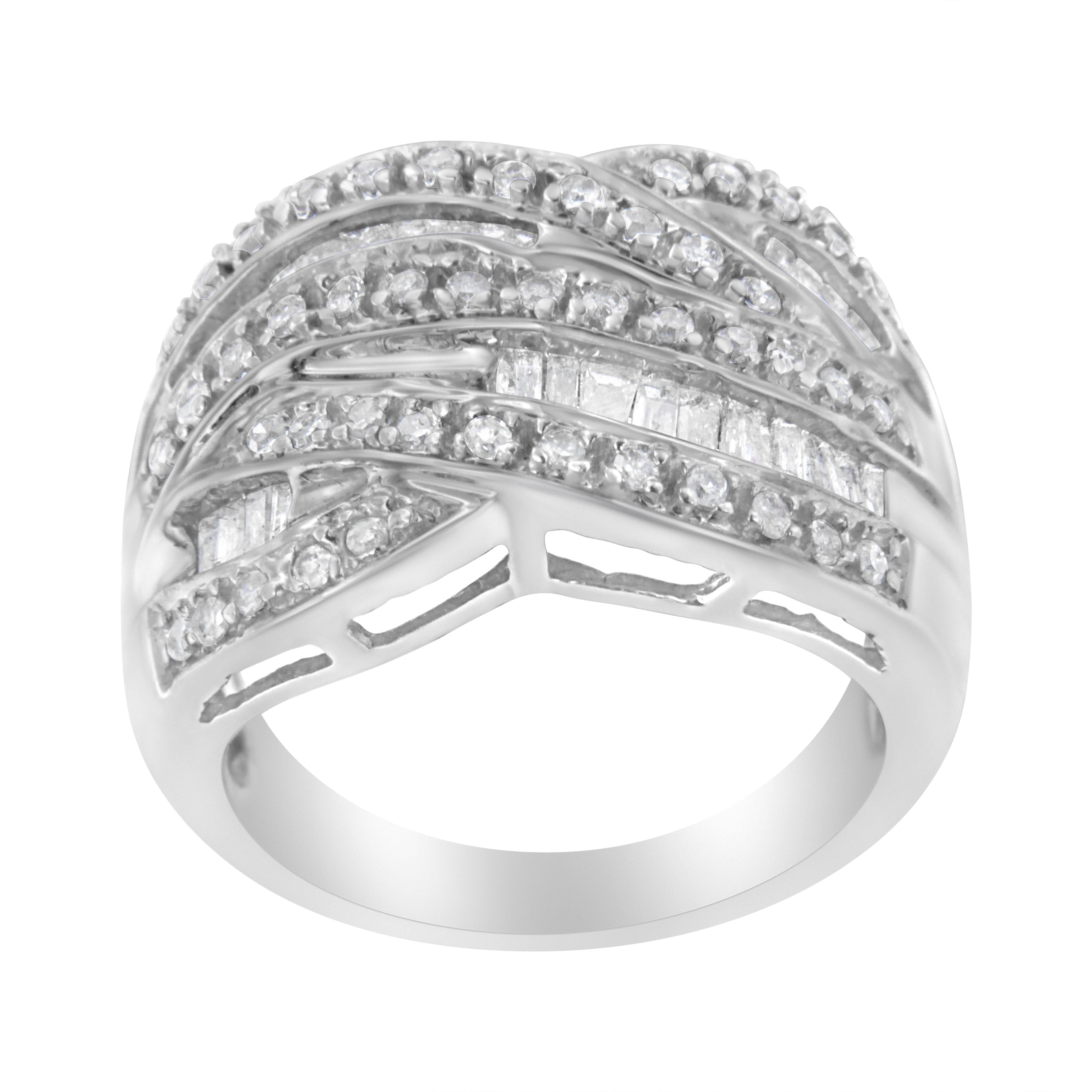 .925 Sterling Silver 1.0 Cttw Channel Set Alternating Round and Baguette Diamond Cross-over Bypass Ring Band (I-J Color, I2-I3 Clarity) - Size 7 by Bids.com