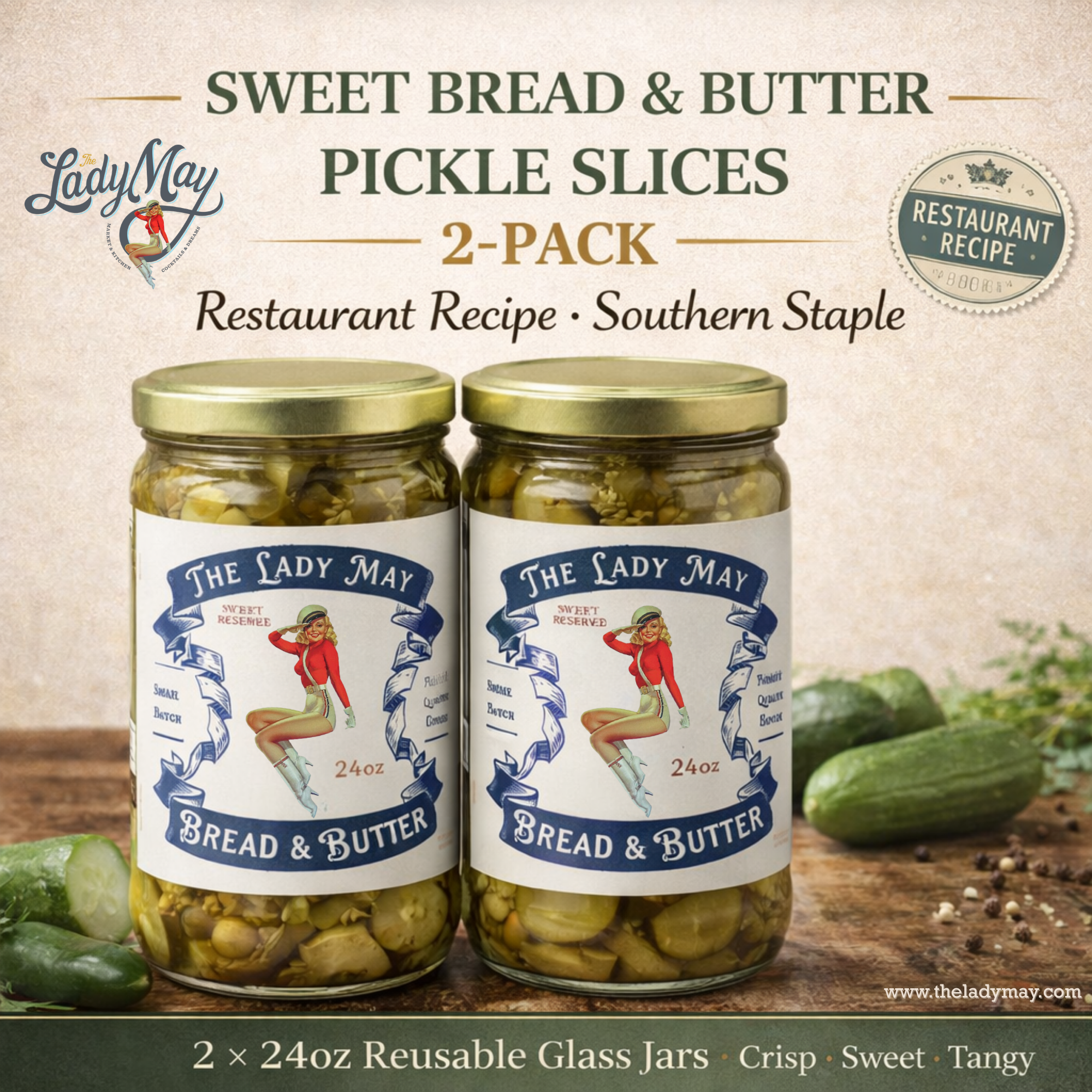 Lady May’s Bread & Butter Sweet Pickles – 2 Pack (24oz Jars) – Small Batch Southern Style Sweet & Tangy Kirby Cucumber Slices – Restaurant Recipe, Crisp & Crunchy – Organic Ingredients by The Lady May