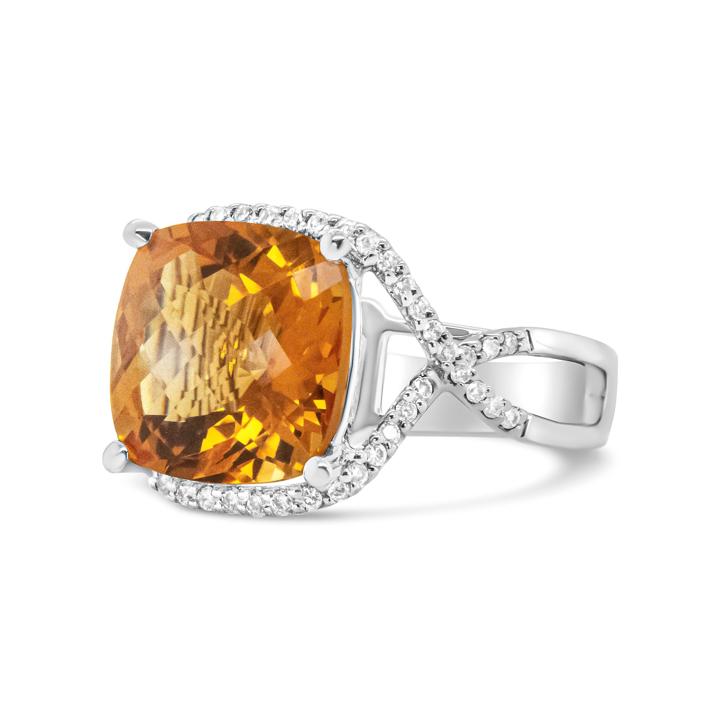 14K White Gold 12mm Cushion Cut Yellow Citrine Gemstone and 1/3 Cttw Round Pave-Set Diamond Ring - (H-I Color, VS1-VS2 Clarity)- Size 6.5 DestGlow