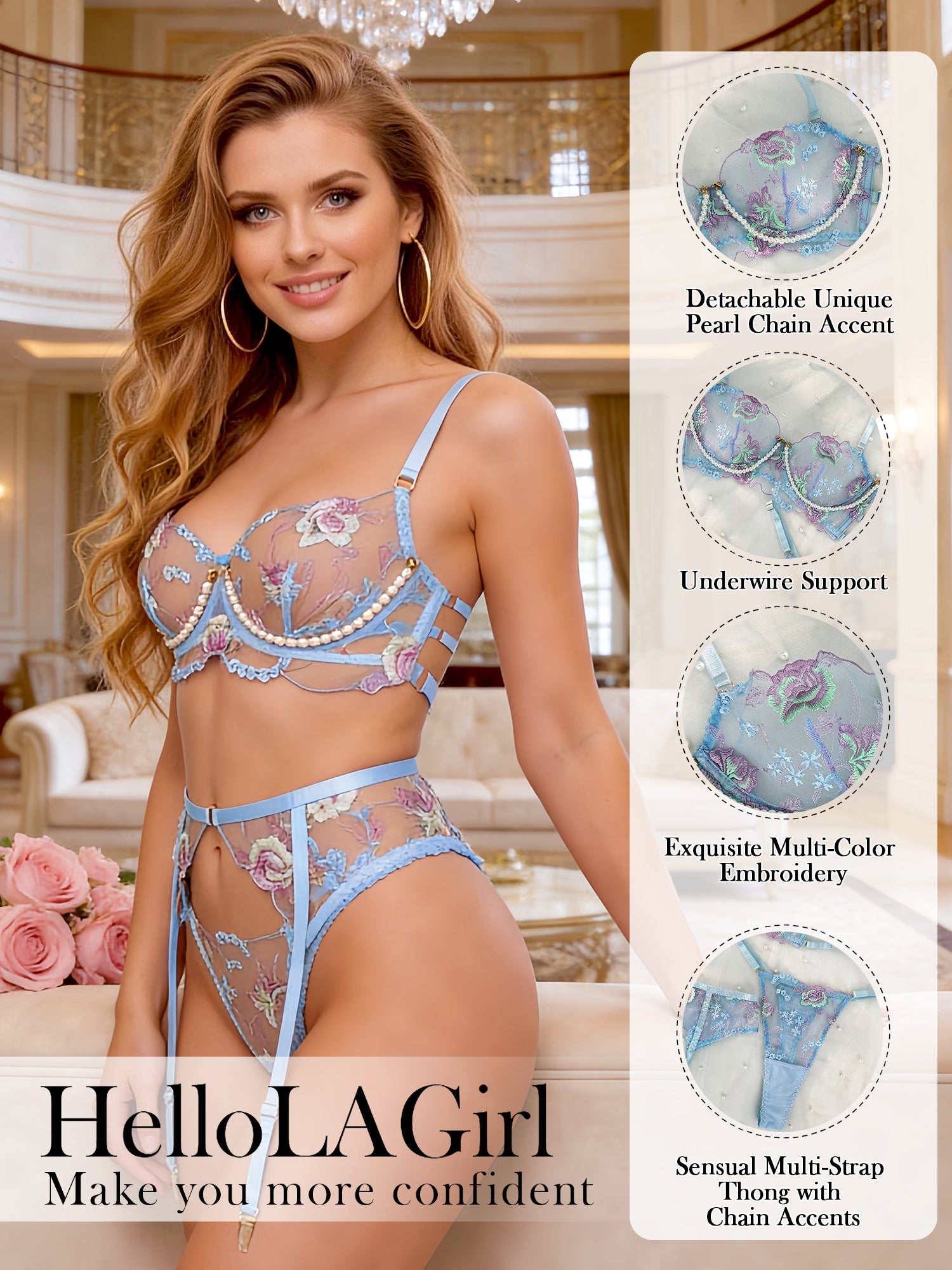 Blue Floral Embroidery Pearl Chain Lingerie Set