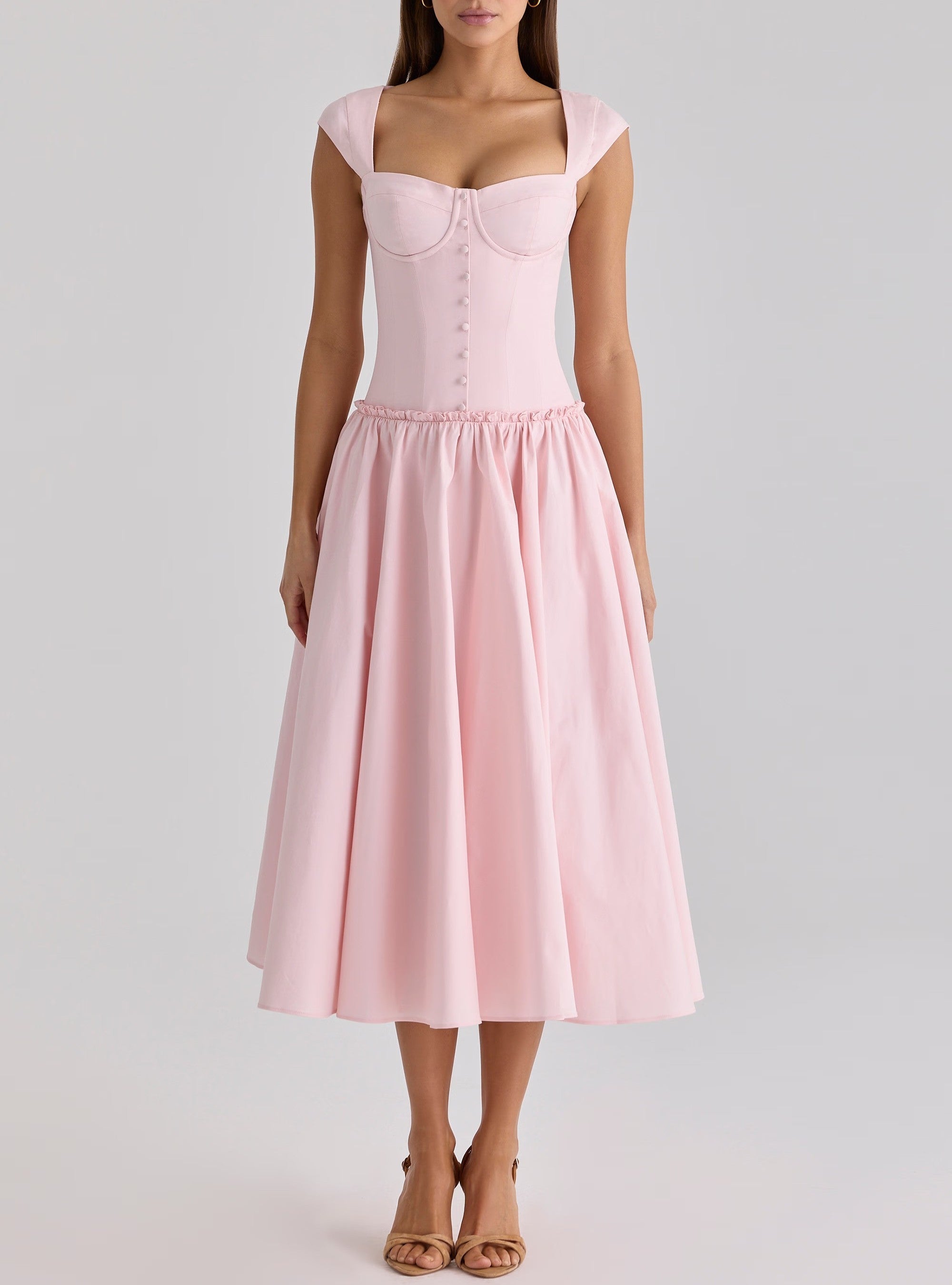 French Sweet Pink Boning Corset Strap Dress Cocktail Formal Mid Length Dress Women Summer by Ragazza