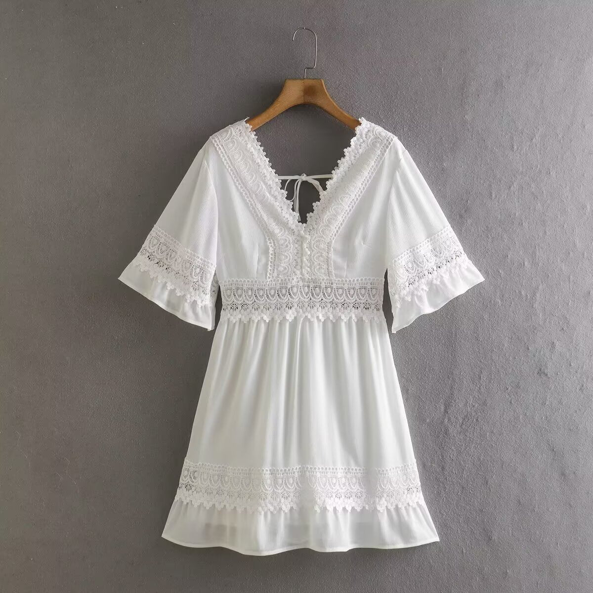 Summer Slimming Hollow Out Cutout out Stitching Bell Sleeve Short Dress by Ragazza