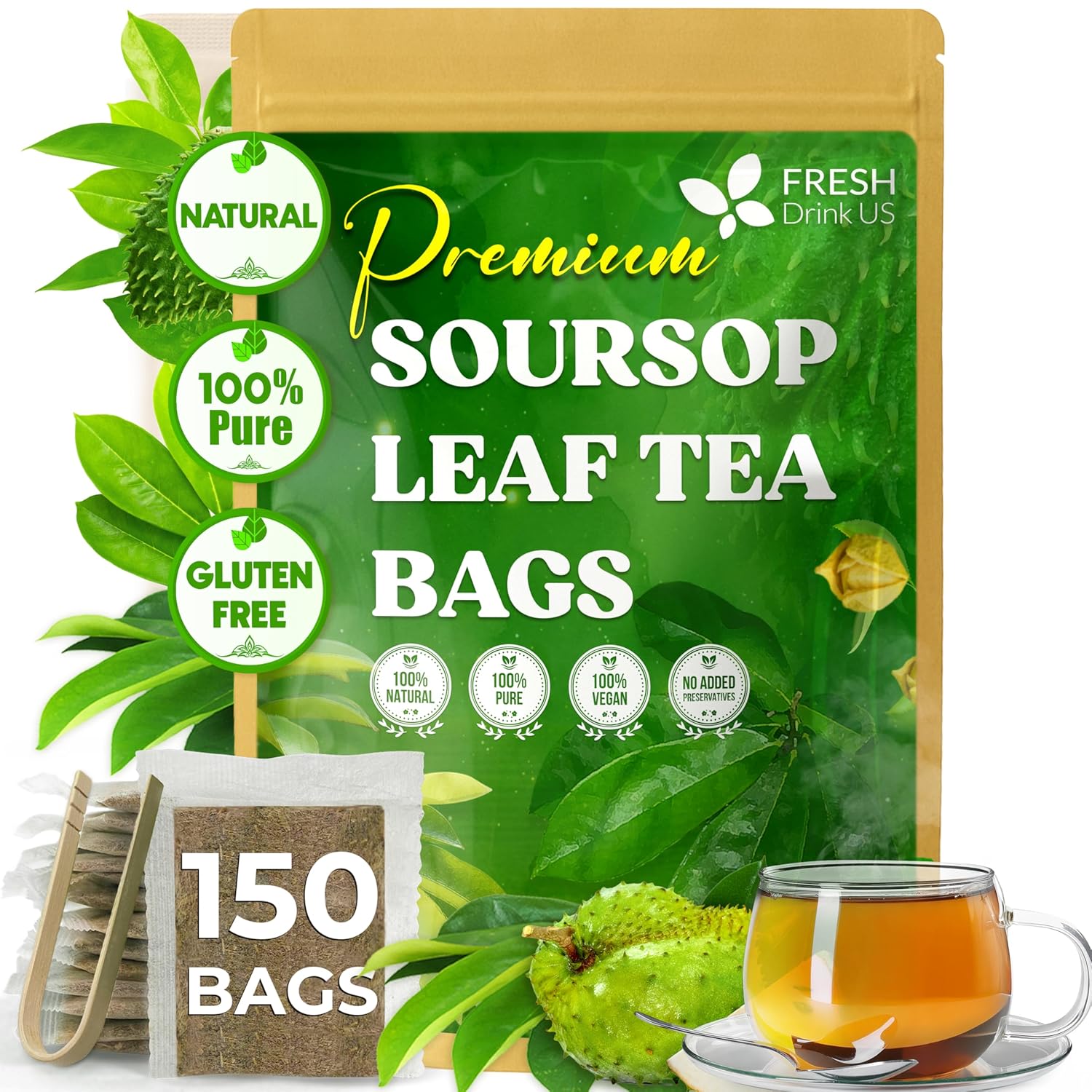 Premium Soursop Leaves Tea bags, Dried Soursop Leaves, Soursop Leaf Powder, Guanabana Leaves Tea, Hoja Guanabana Tea by FreshDrinkUS - Natural and Premium Herbal Tea