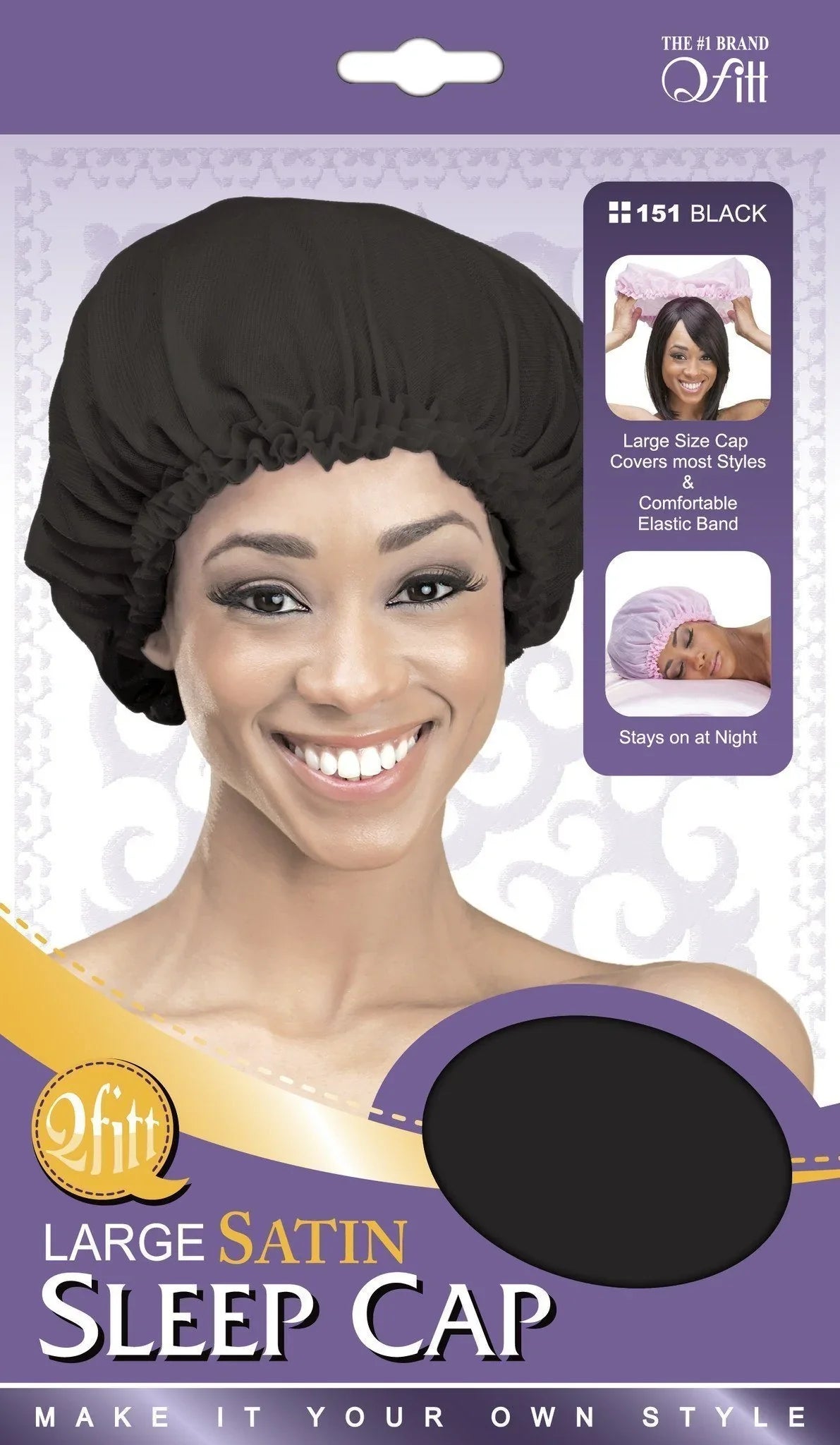 M & M Large Satin Sleep Cap Hair Bonnet, Black
