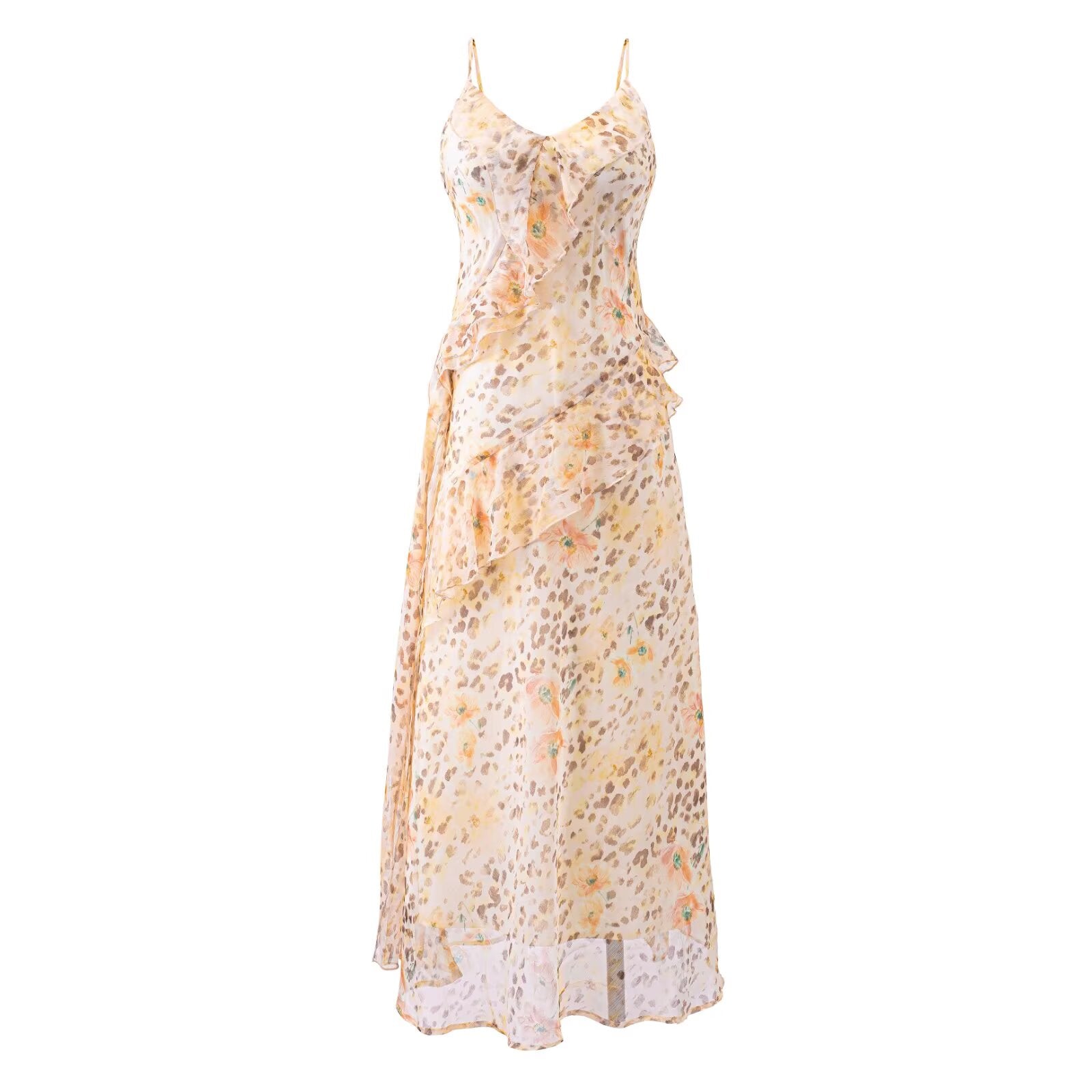 Summer Gentle Ruffled Design Niche Leopard Print Maxi Dress Slim Fit Strap Dress by Ragazza