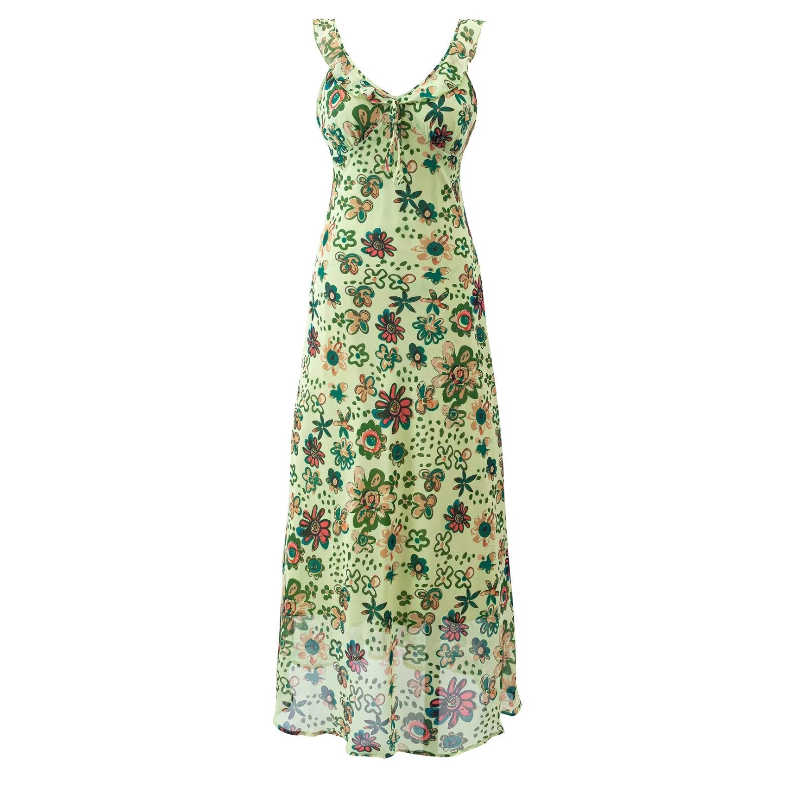 Summer Romantic Retro Fresh Ruffled Printed Dress Slim Slimming V Neckline Dress by Ragazza
