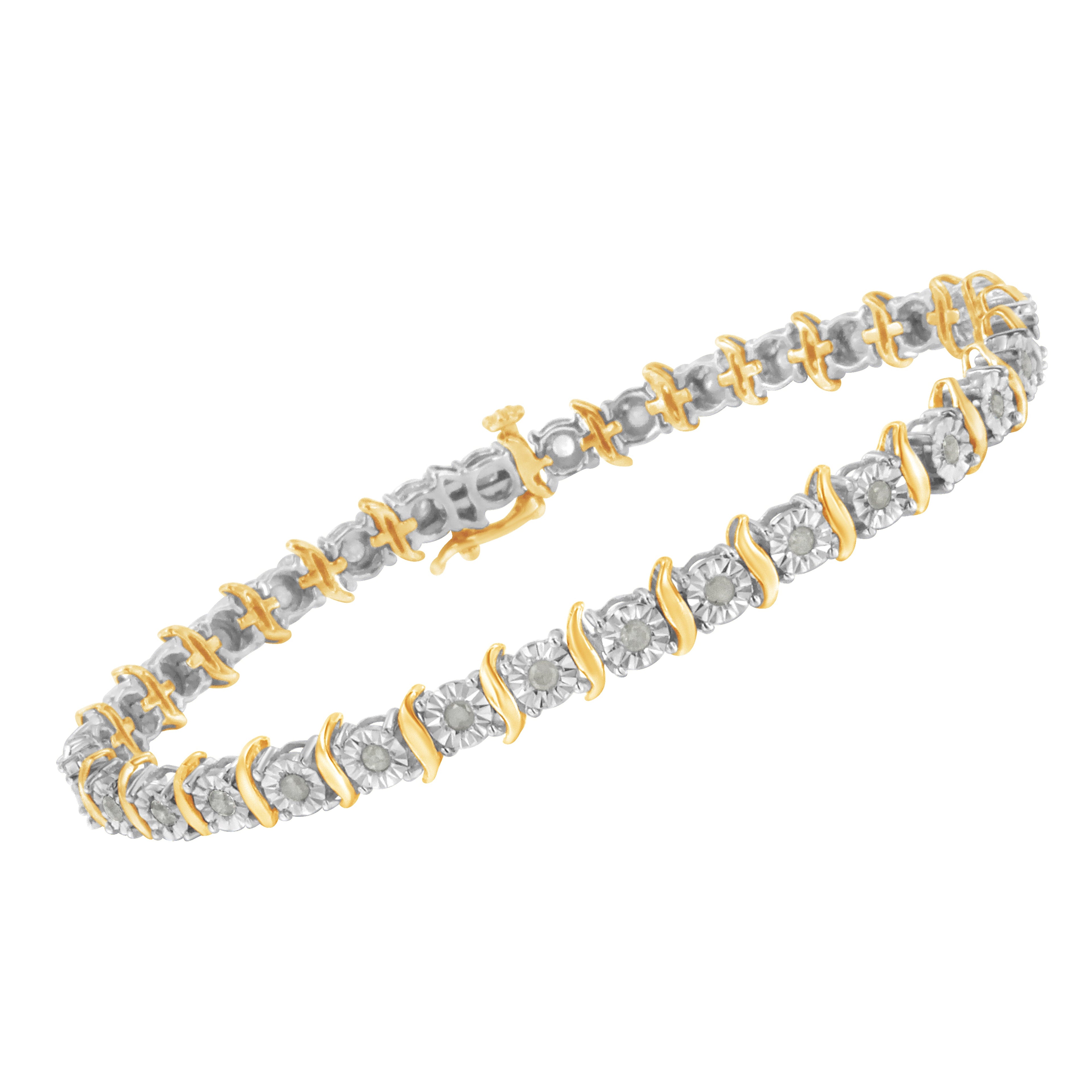 Two-Tone 10K Yellow Gold over .925 Sterling Silver 1.0 Cttw Diamond S-Curve Link Miracle-Set Tennis Bracelet (I-J Color, I3 Clarity) - 7" by Bids.com