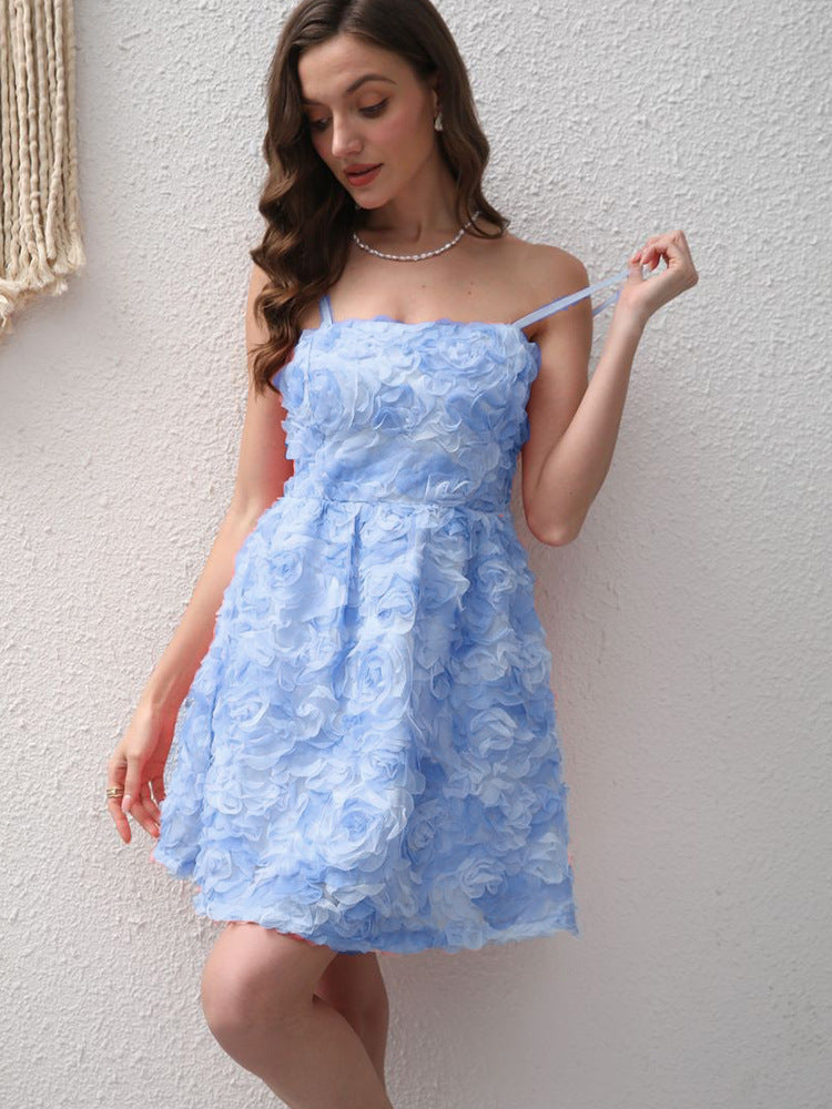 Summer Three Dimensional Rose Embroidered Sweet Elegance Suspender Strap Bow Dress for Women by Ragazza