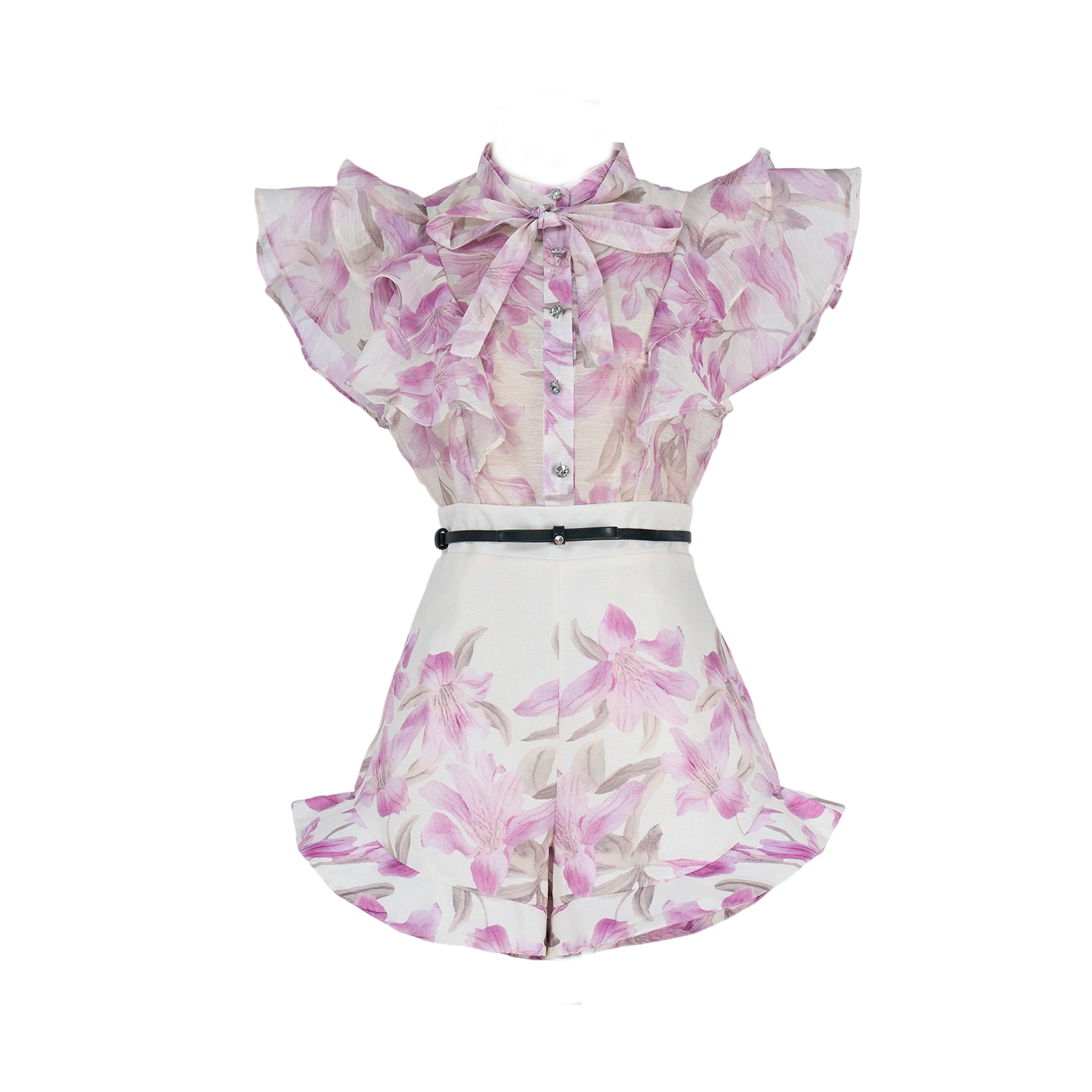 Women Court Style V Necked Frilled Hemline Diamond Buttoned Sleeveless Short Skirt Two Piece Sets by Ragazza