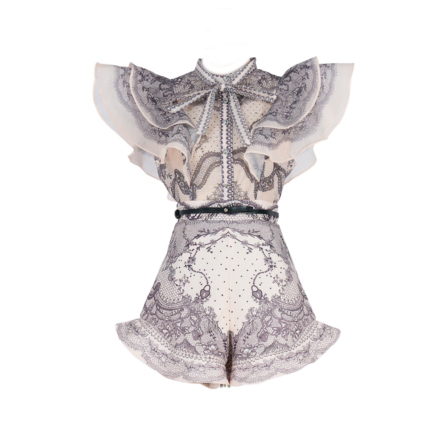 Women Court Style V Necked Frilled Hemline Diamond Buttoned Sleeveless Short Skirt Two Piece Sets by Ragazza