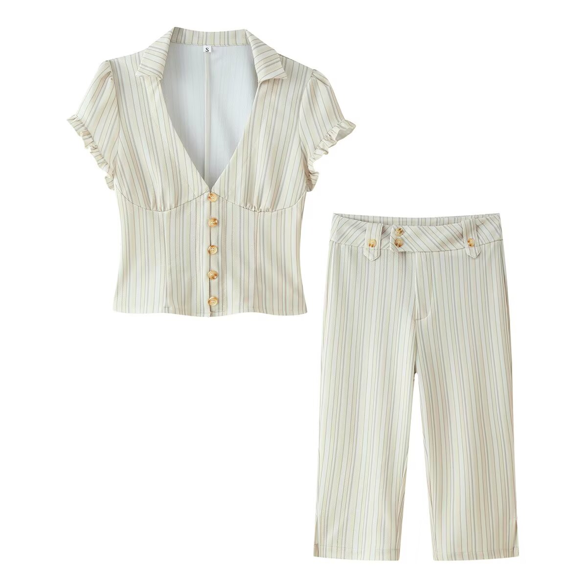 Women Clothing Spring Sexy Button Short Sleeve Top Pant Sets by Ragazza