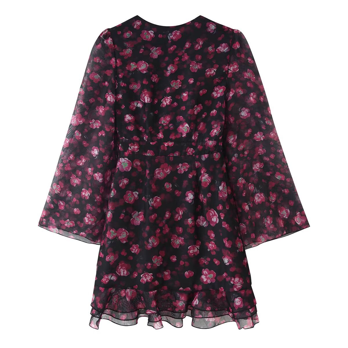 Women Clothing Spring Deep V Plunge neck Floral Printed Ruffled Long Sleeve Dress by Ragazza
