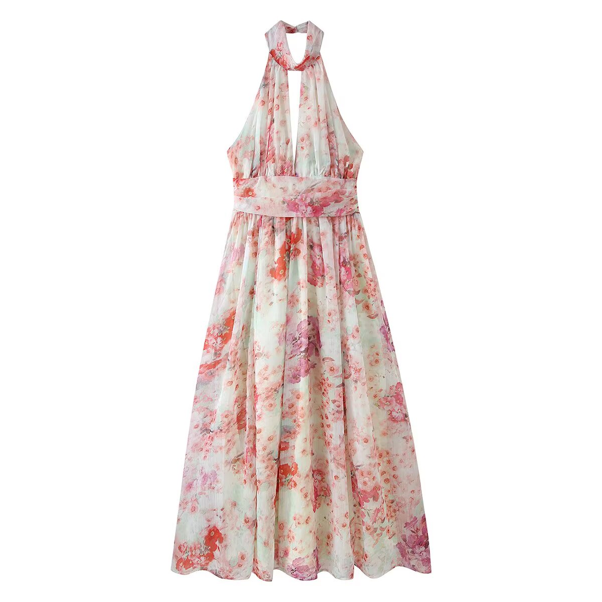 French Romantic Floral Dress Halter Cut out Backless Waist Trimming Slimming Large Hem Elegant Dress by Ragazza