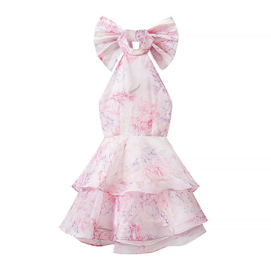 Summer French Sweet Printed Hanging Collar Stacked Ruffled Waist Dress DestGlow