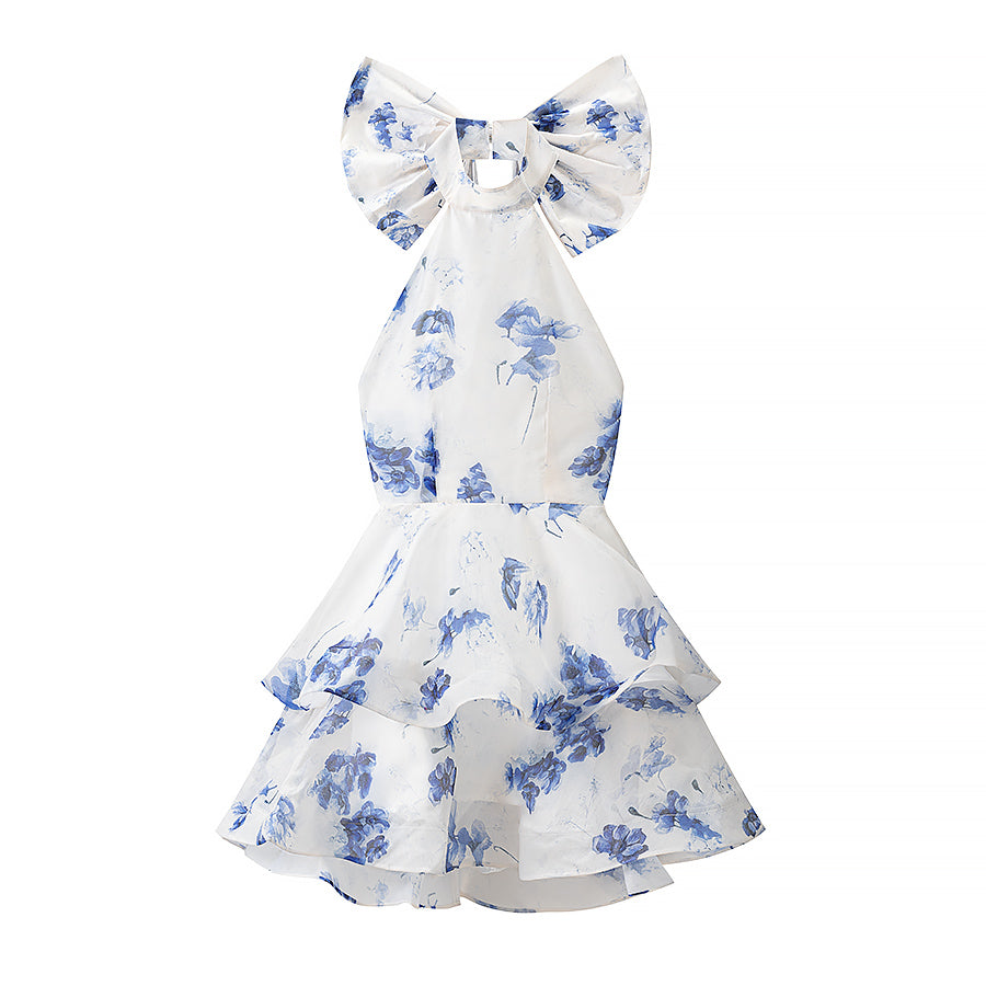 Summer French Sweet Printed Hanging Collar Stacked Ruffled Waist Dress DestGlow