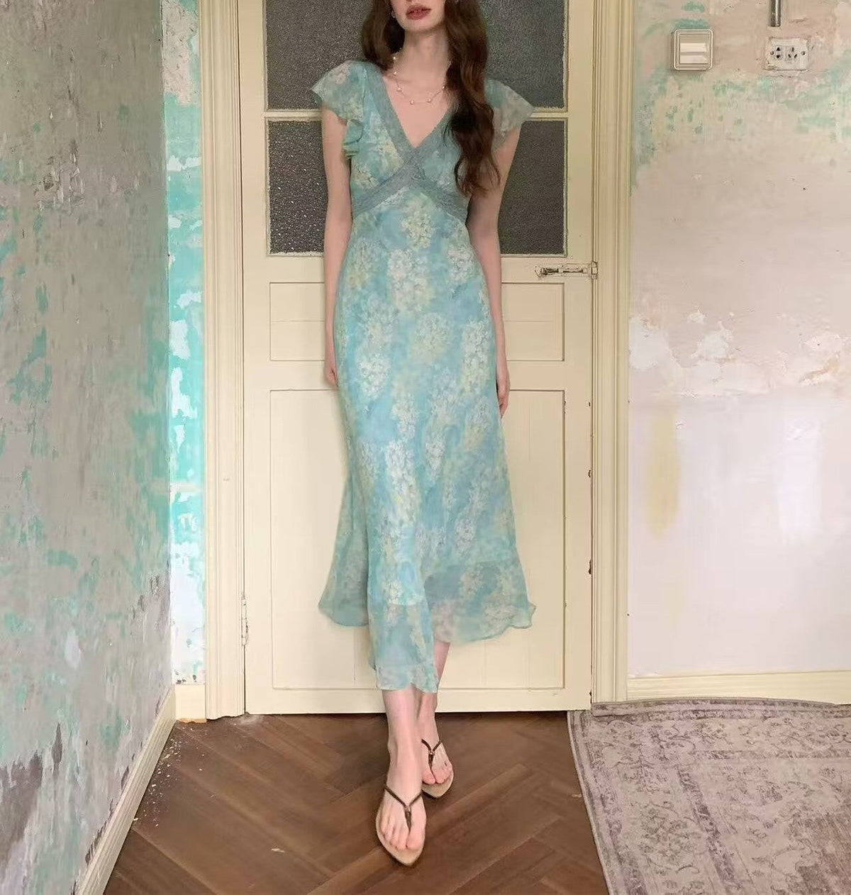 Women Clothing Summer Smoke Purple Ning Dress French Floral Flying Sleeve Dress Women Lace V neck Dress DestGlow
