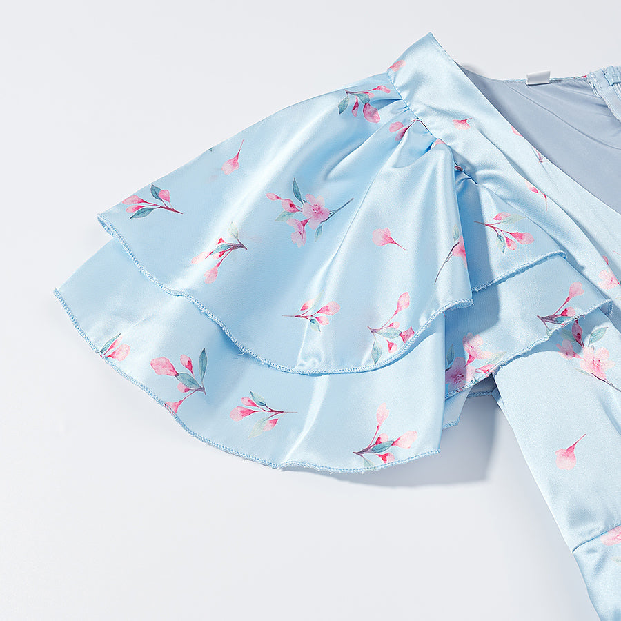 Summer Women Clothing Floral Flounce Socialite V neck Satin Short Sleeve Waist Controlled Dress DestGlow