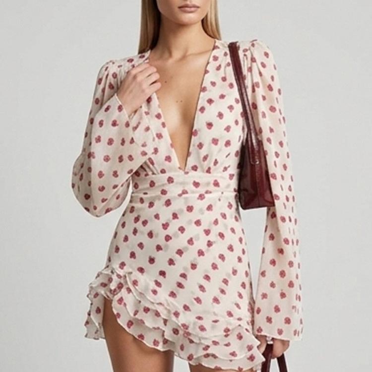Printed Long Sleeve Design Deep V Plunge neck Waist Controlled Slimming Short Dress DestGlow