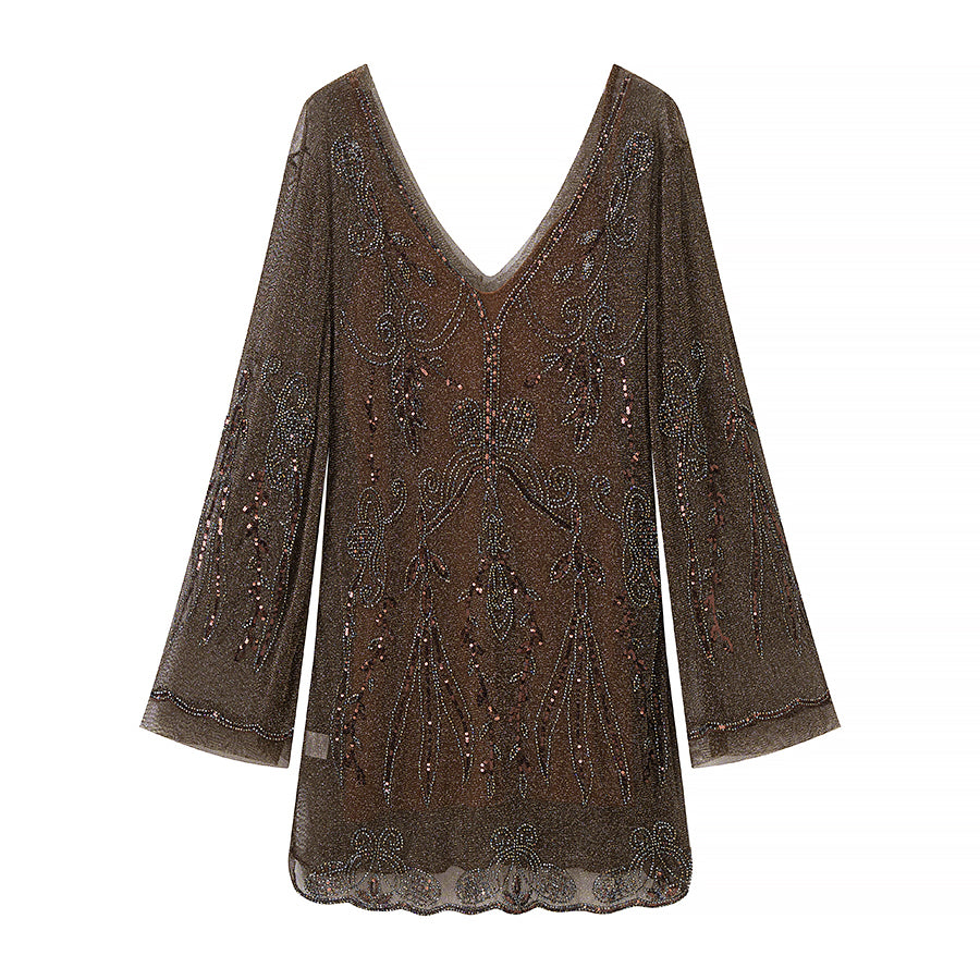 Women Slimming Slip Dress Two Piece V neck Long Sleeve Embroidered Sequ Dress DestGlow