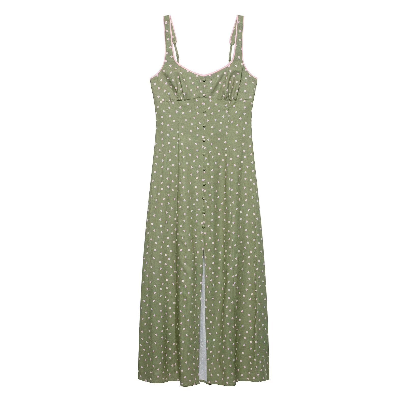 Women Clothing Summer Polka Dot Linen Blended Midi Dress Strap Dress DestGlow