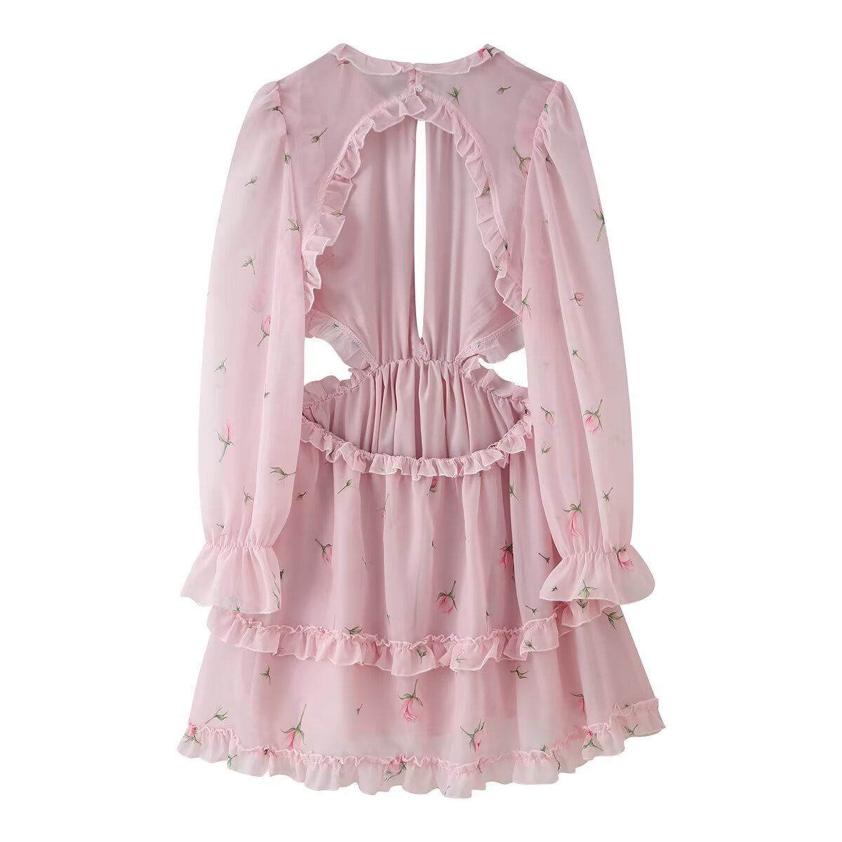 Women Clothing Fresh Sweet Floral Tight Waist Back Hollow Out Cutout-out Long Sleeve Chiffon Dress DestGlow