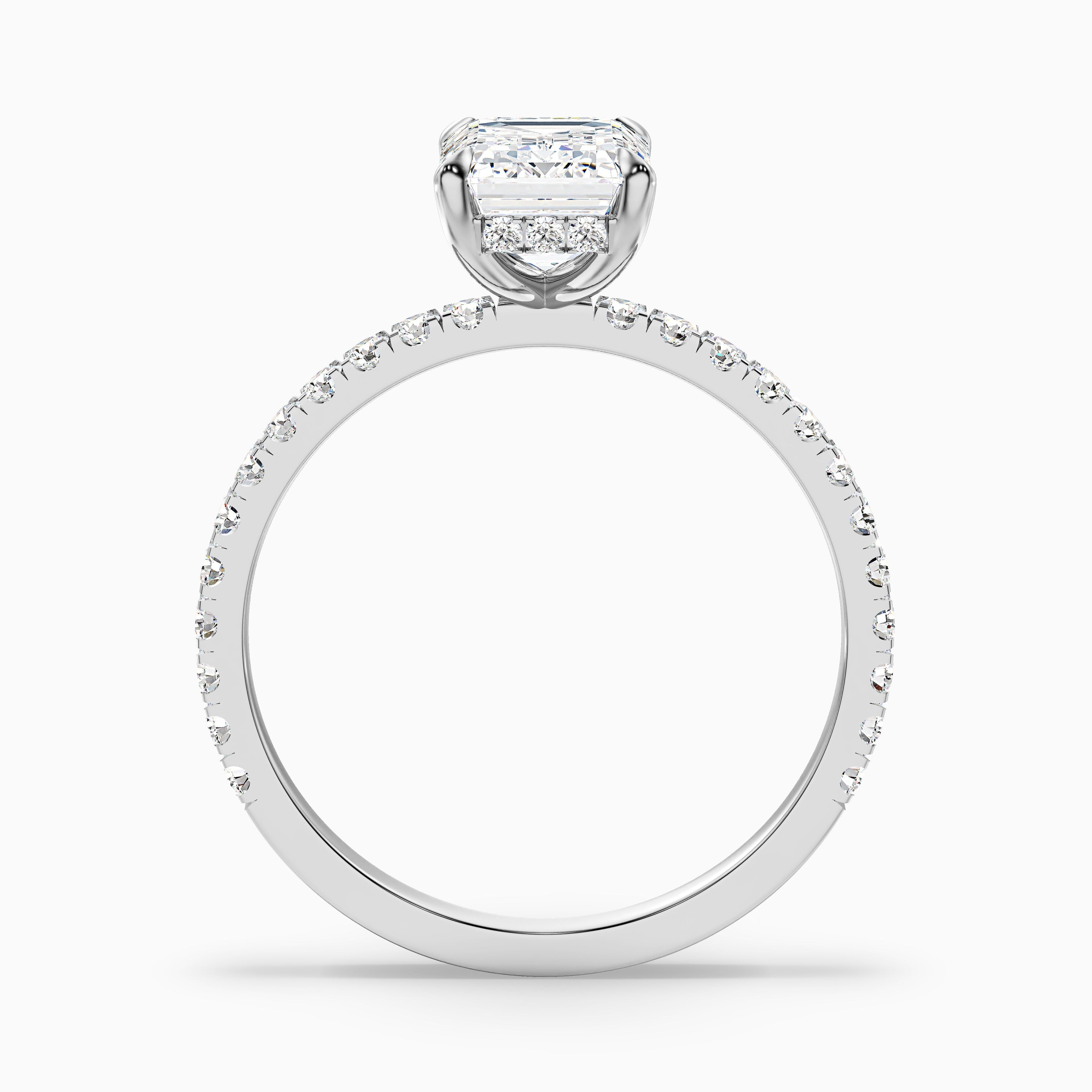 Ayla 2 Carat Emerald Cut Hidden Halo Pave Moissanite Diamond Ring in 14k White Gold DestGlow