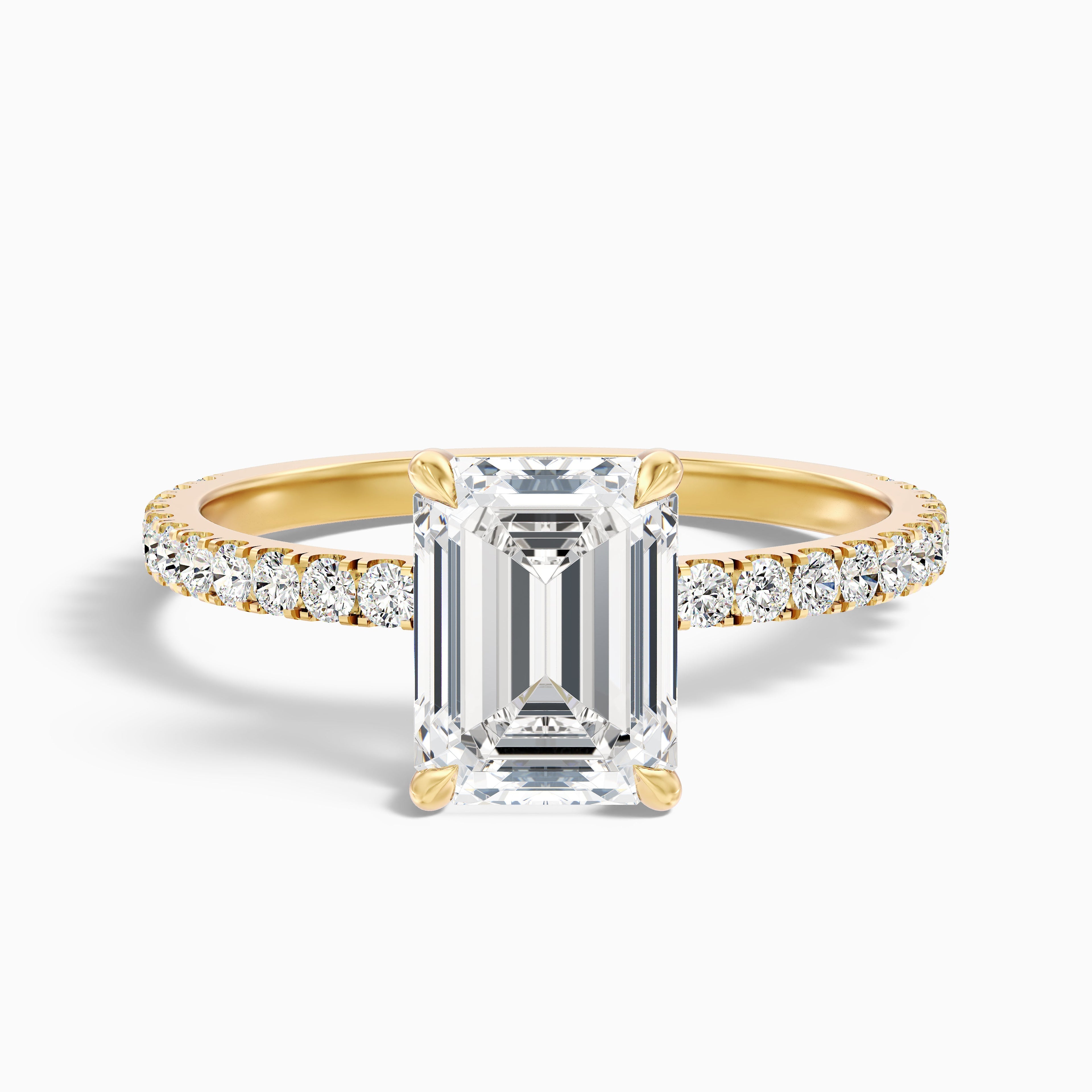 Ayla 3 Carat Emerald Cut Hidden Halo Pave Moissanite Diamond Ring in 10k Yellow Gold