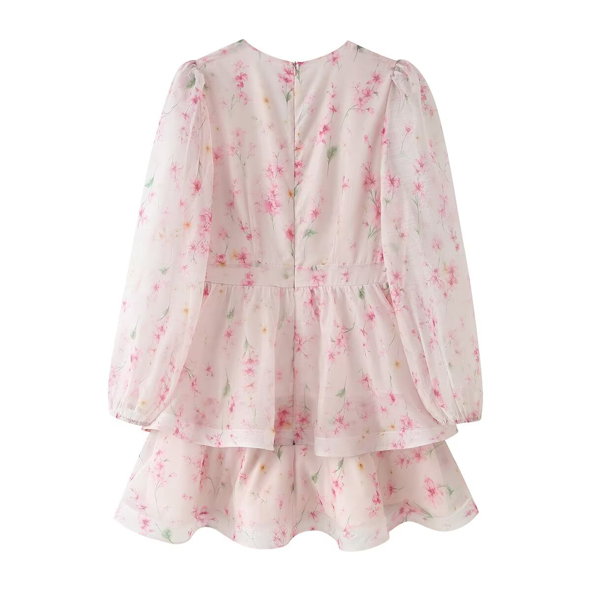 Women Clothing French Sweet Loose Printed Long Sleeve Laminated V neck Dress DestGlow