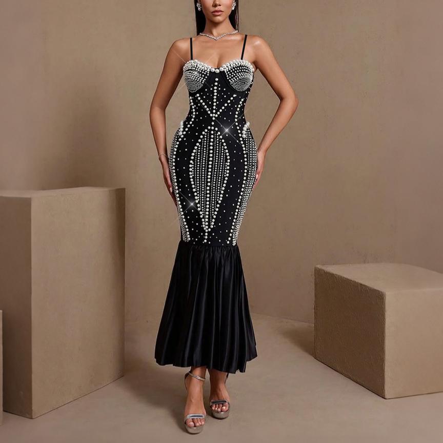 Women Clothes Sexy Tube Top Package Hip Beaded Rhinestone Jumpsuit Cocktail Dress DestGlow