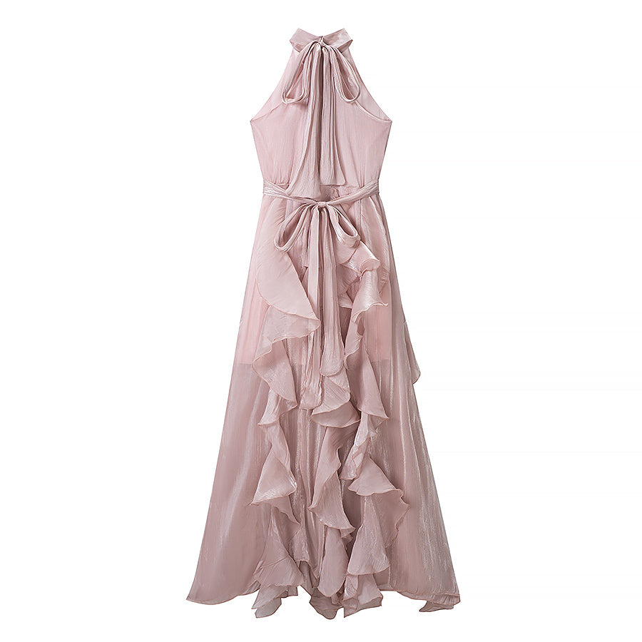 Women Clothing Summer Slimming Lace up Halterneck Sleeveless Ruffled Maxi Dress DestGlow