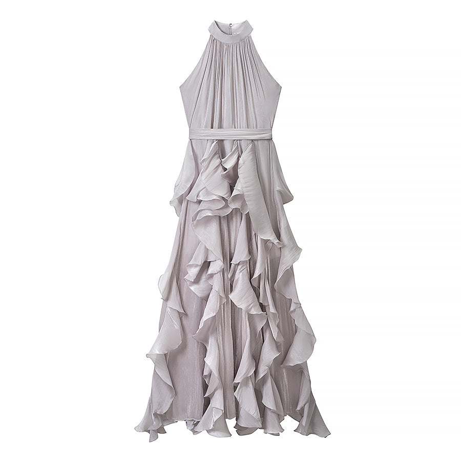 Women Clothing Summer Slimming Lace up Halterneck Sleeveless Ruffled Maxi Dress DestGlow