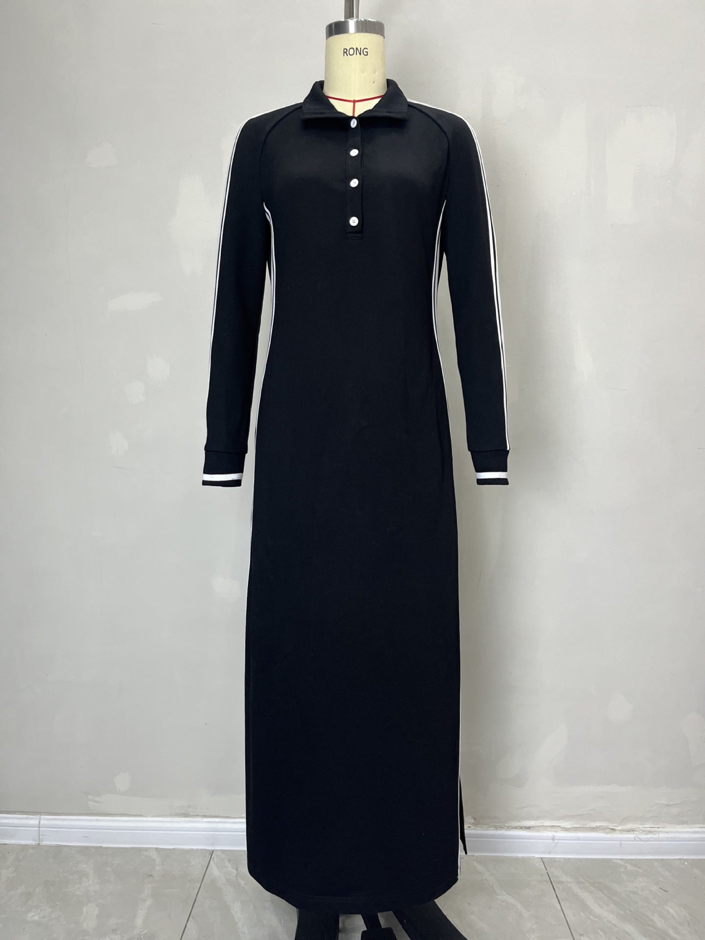 Maxi Dress Women Simple White Piping Collar Decorated with Buttons Sweater Dress DestGlow