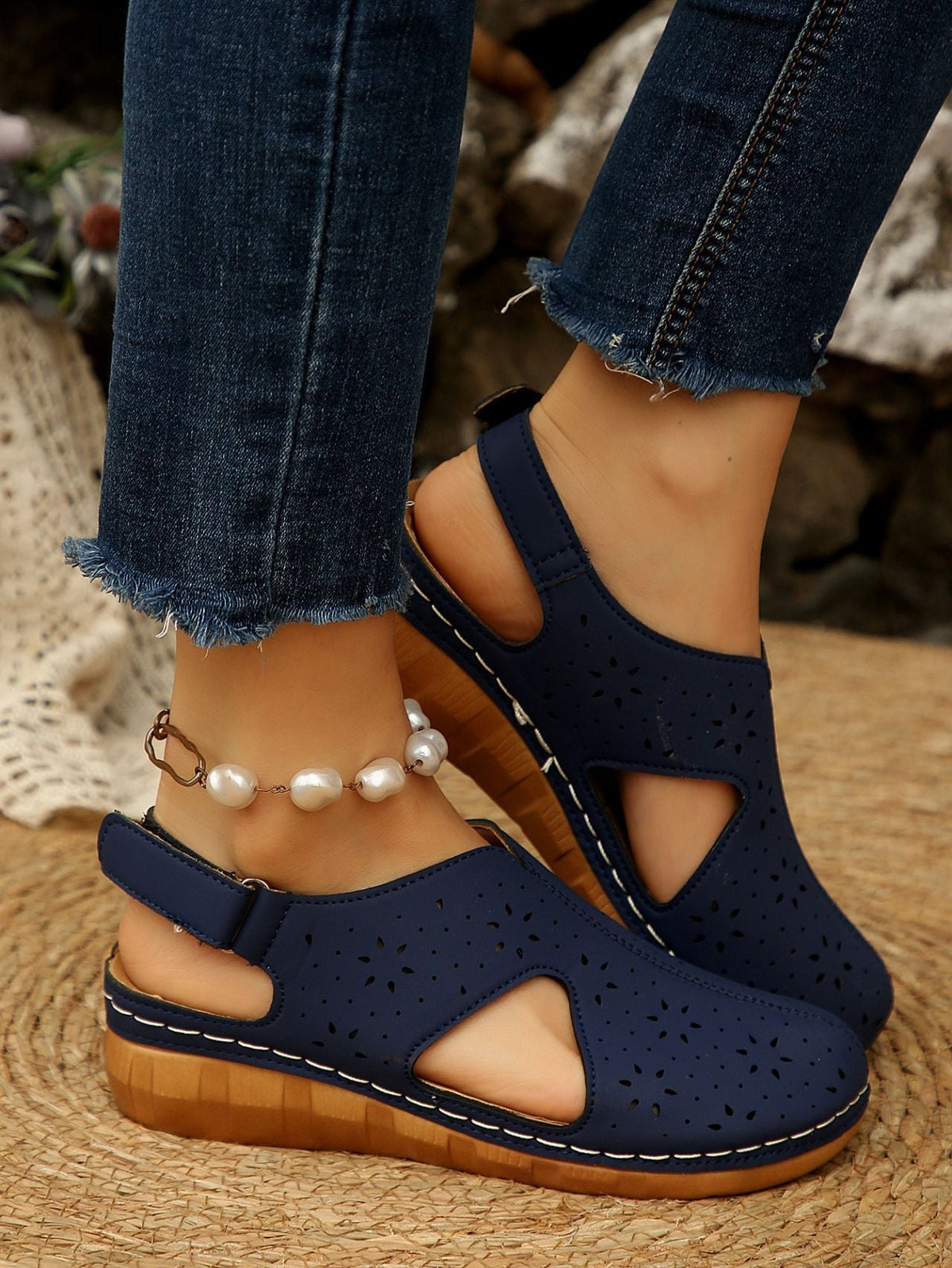 Hollow Out Cutout out Breathable Velcro Thick Bottom Cool Women Wedge Stitching Toe Cap Beach Slippers DestGlow