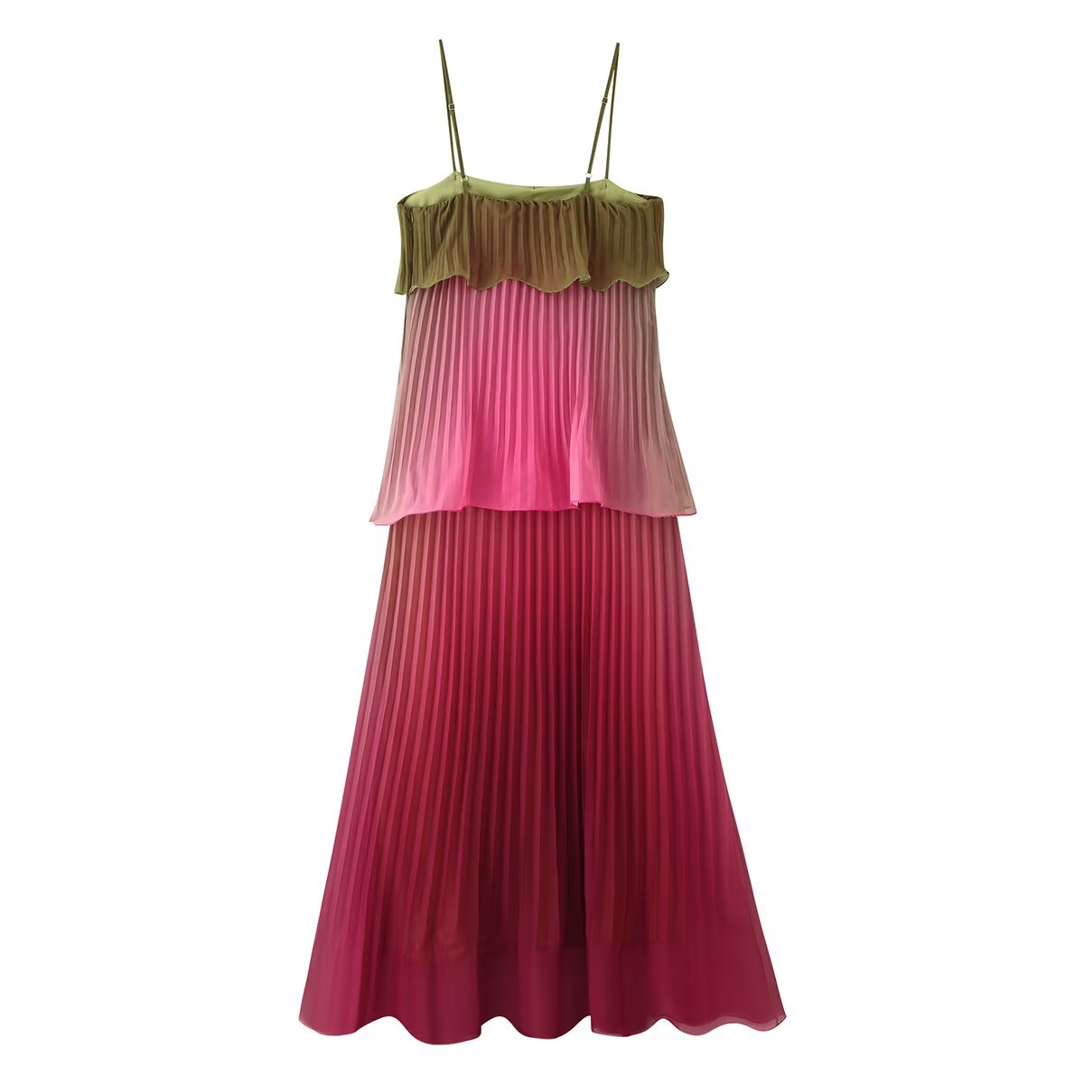 Women Clothing Summer Gradient Vacation Ruffled Pleated Layered Cami Dress DestGlow
