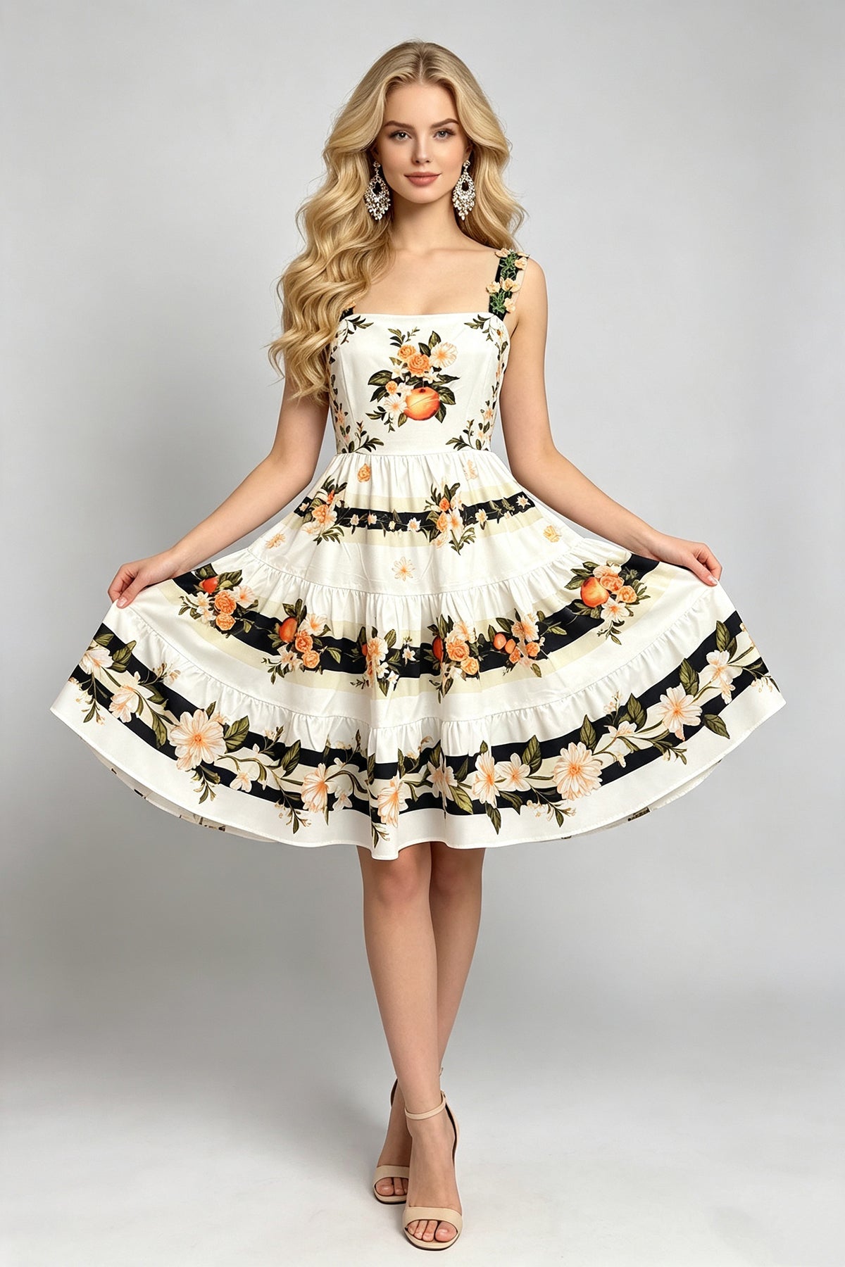 Women Summer Printed Halter Neck Embroidered Flower Dress With High Waisted And Figure Hugging A Line Dress DestGlow