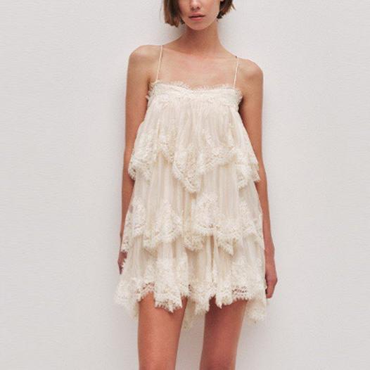French Romantic Lace Strap Dress Layered Ruffled Backless Lace up Short Dress DestGlow