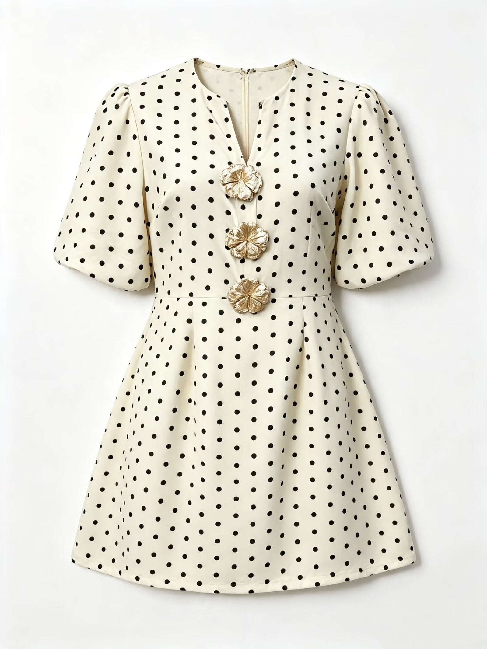 Autumn V neck Slimming Heavy Industry Button Gold Feeling Puff Sleeve Dress DestGlow