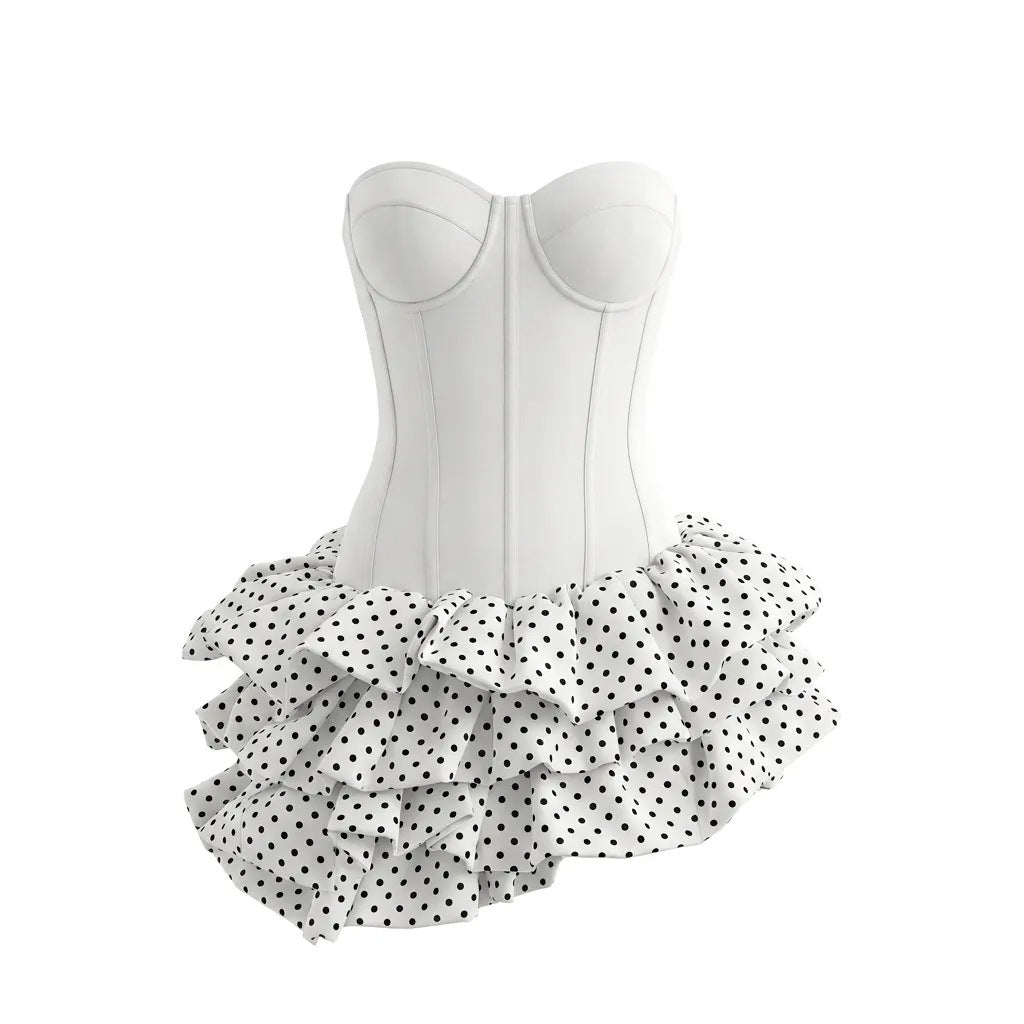 Summer Tube Top Boning Corset Polka Dot Short Dress Women Summer Slim Fit Waist Double Layer Pettiskirt Sweet Cool Birthday Photo DestGlow