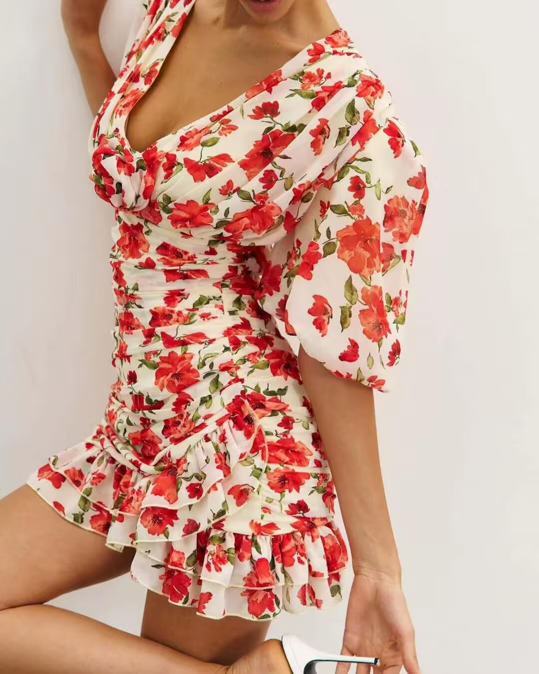 Women Clothing Summer Fashionable Elegant Slim Fit Slimming Deep V Plunge neck Printed Dress DestGlow