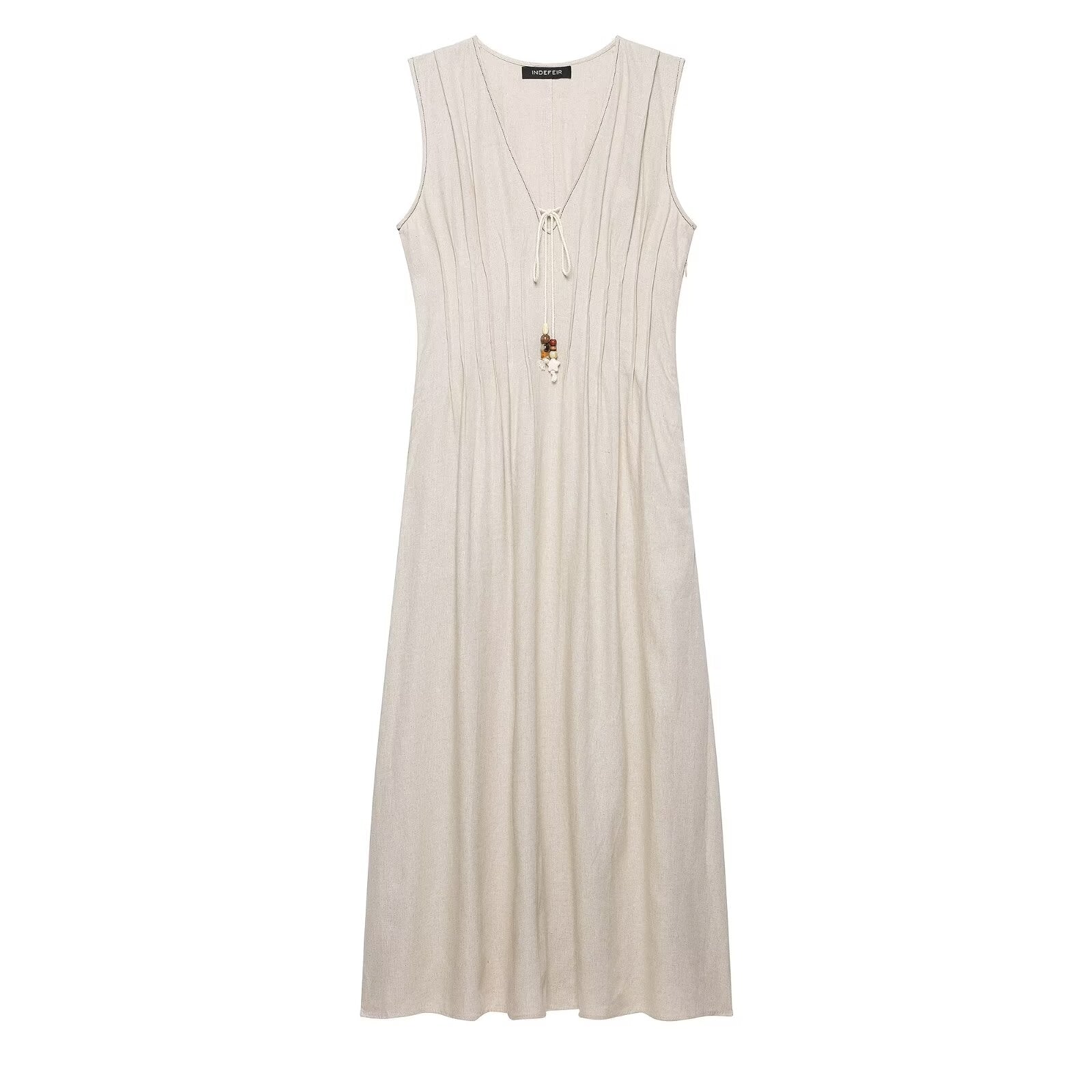 Women Clothing Autumn Casual Sleeveless V neck Pleated Midi Dress DestGlow