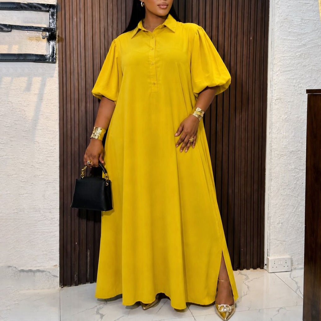 Women Wear Elegant Solid Color Polo Collar Loose Maxi Dress DestGlow