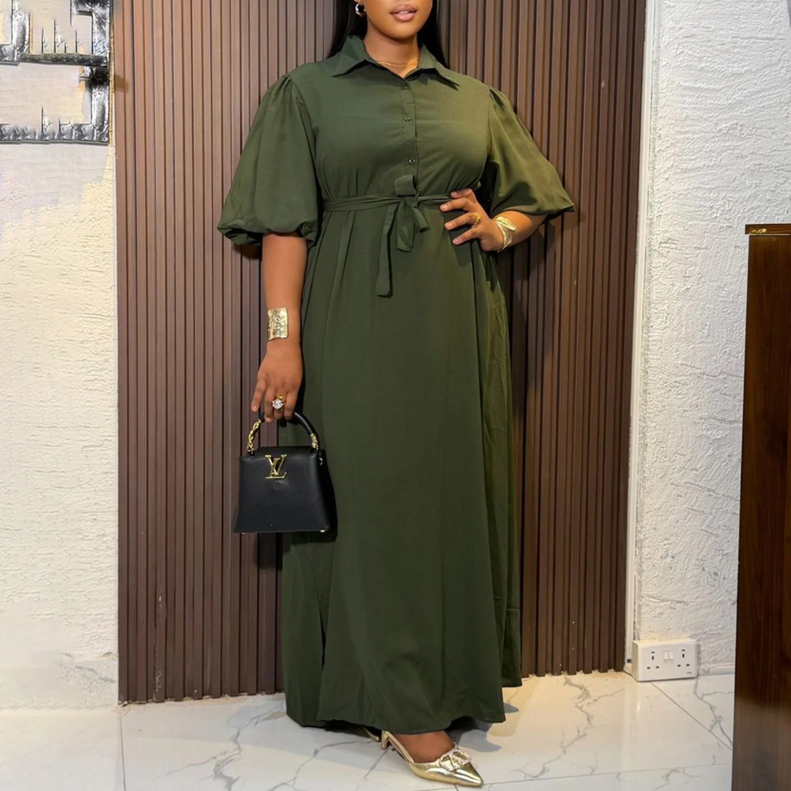 Women Wear Elegant Solid Color Polo Collar Loose Maxi Dress DestGlow