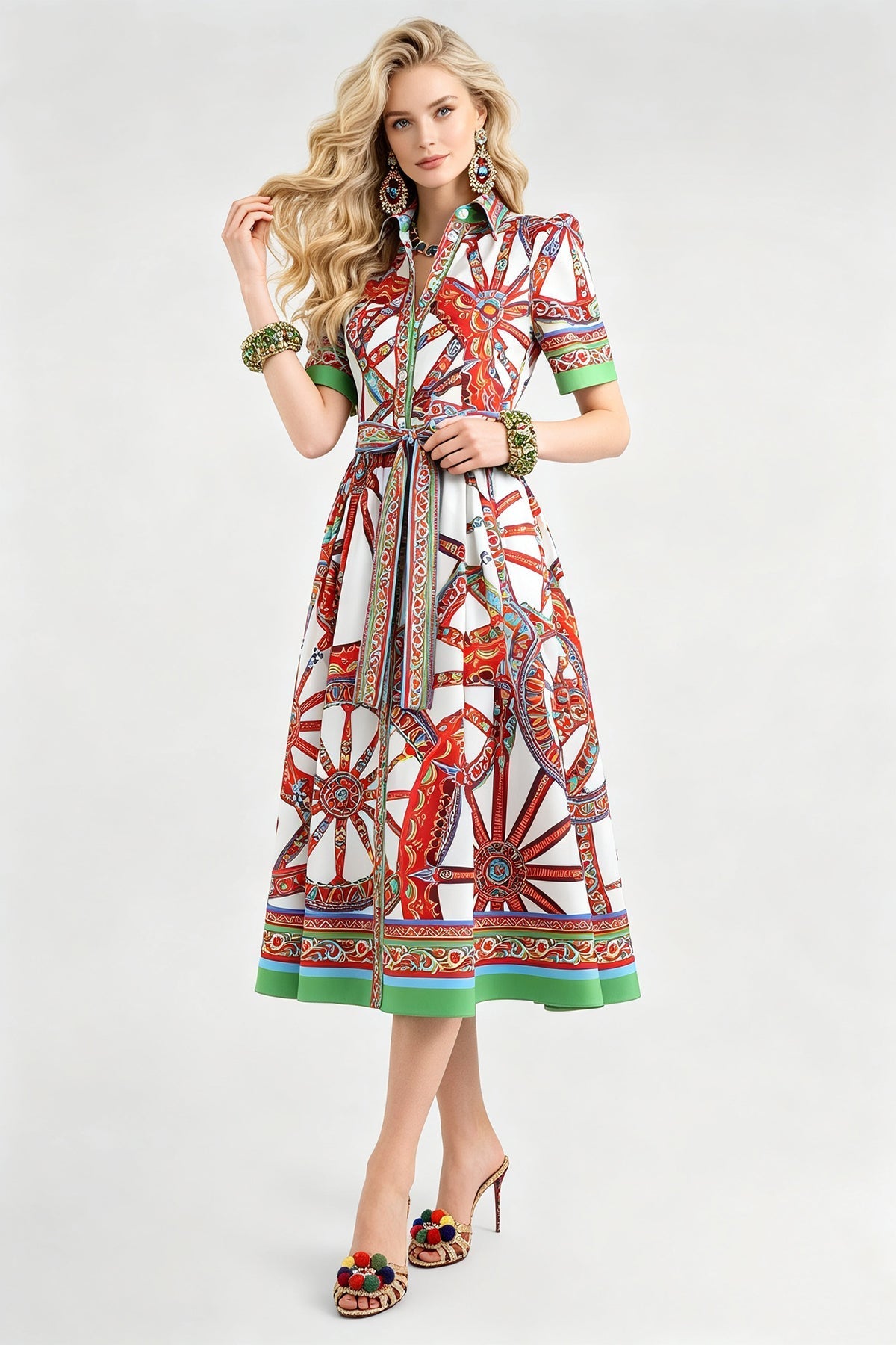 Women Summer Printed Collar Neck Blouse Paired With A Line Dress DestGlow